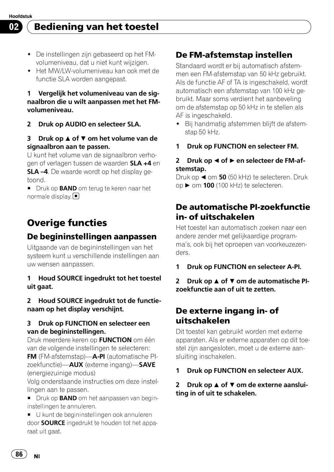 Pioneer DEH-1020E, DEH-1000E operation manual Overige functies, De FM-afstemstap instellen, De begininstellingen aanpassen 