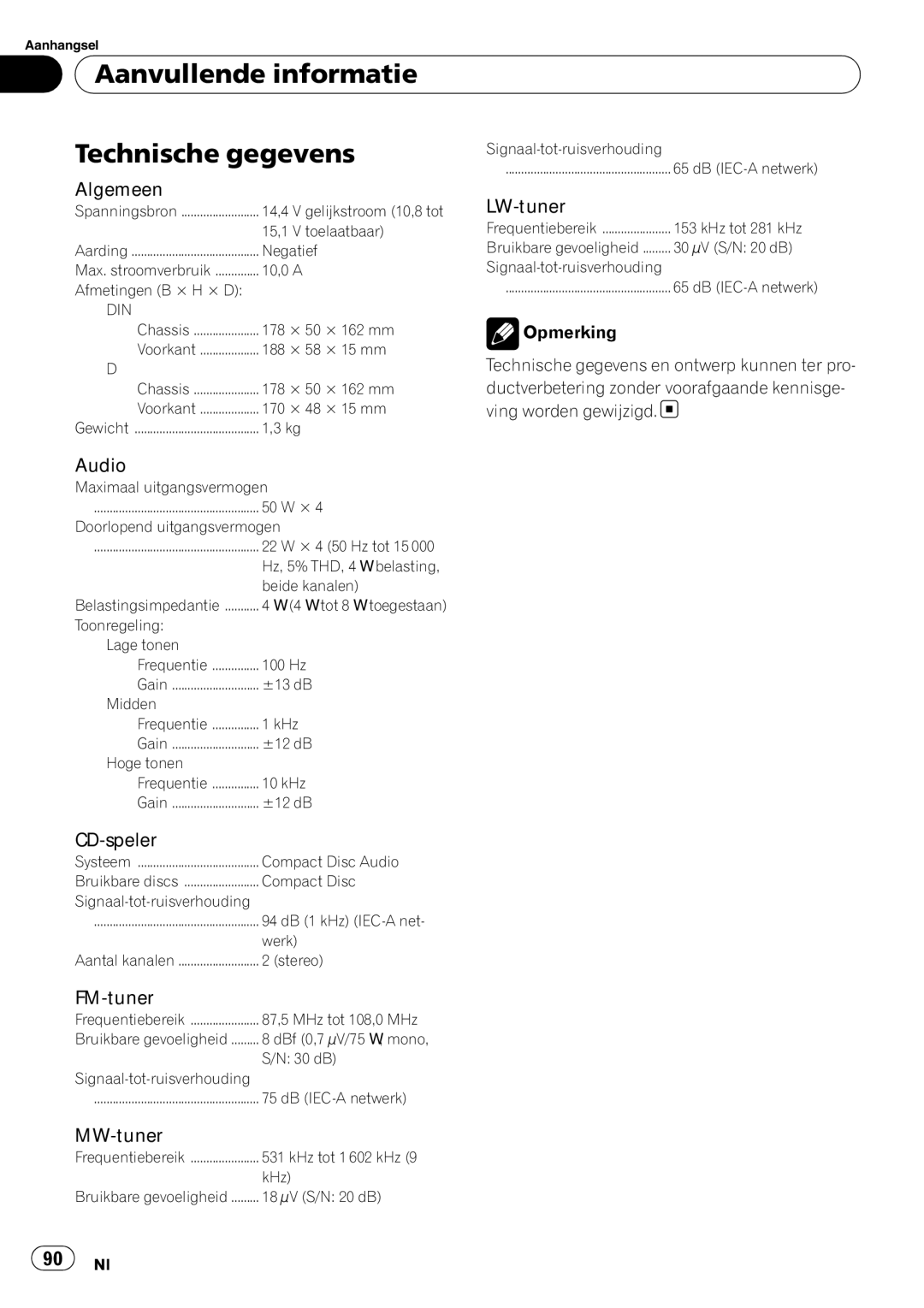 Pioneer DEH-1020E, DEH-1000E operation manual Aanvullende informatie Technische gegevens, Algemeen, CD-speler, FM-tuner 