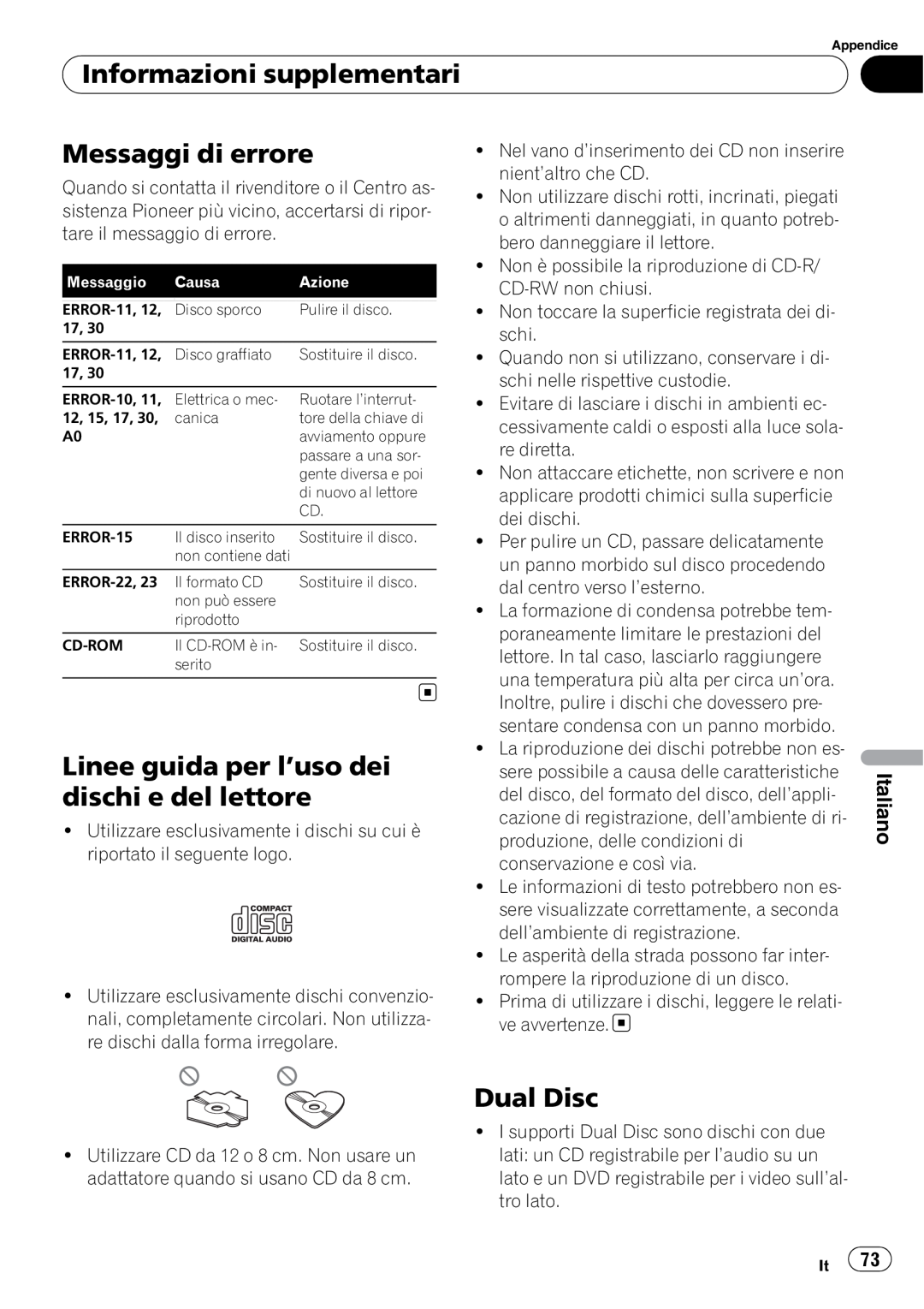 Pioneer DEH-1000E Informazioni supplementari, Messaggi di errore, Linee guida per l’uso dei dischi e del lettore, Italiano 