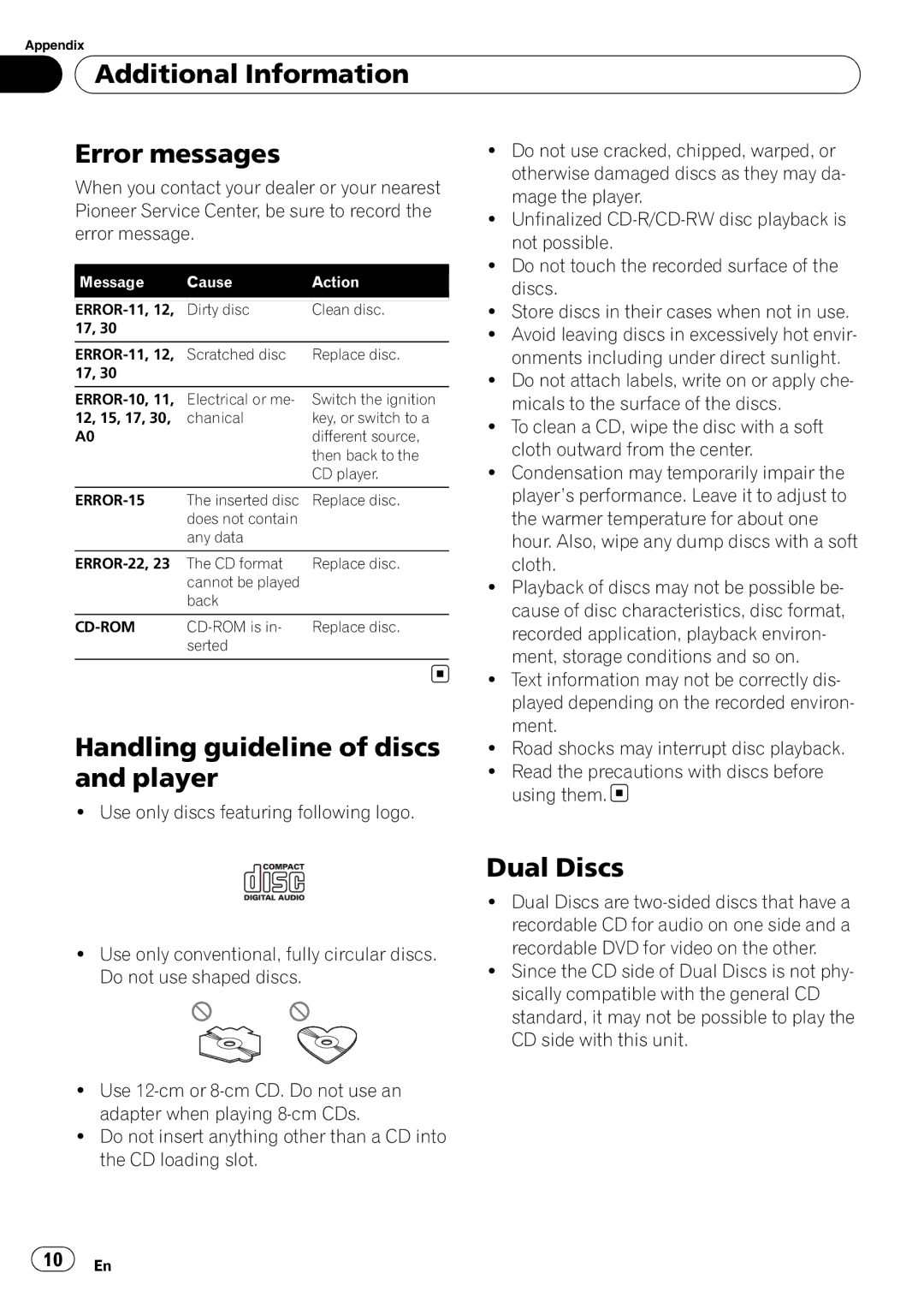 Pioneer DEH-1050E operation manual Additional Information Error messages, Handling guideline of discs, Player, Dual Discs 