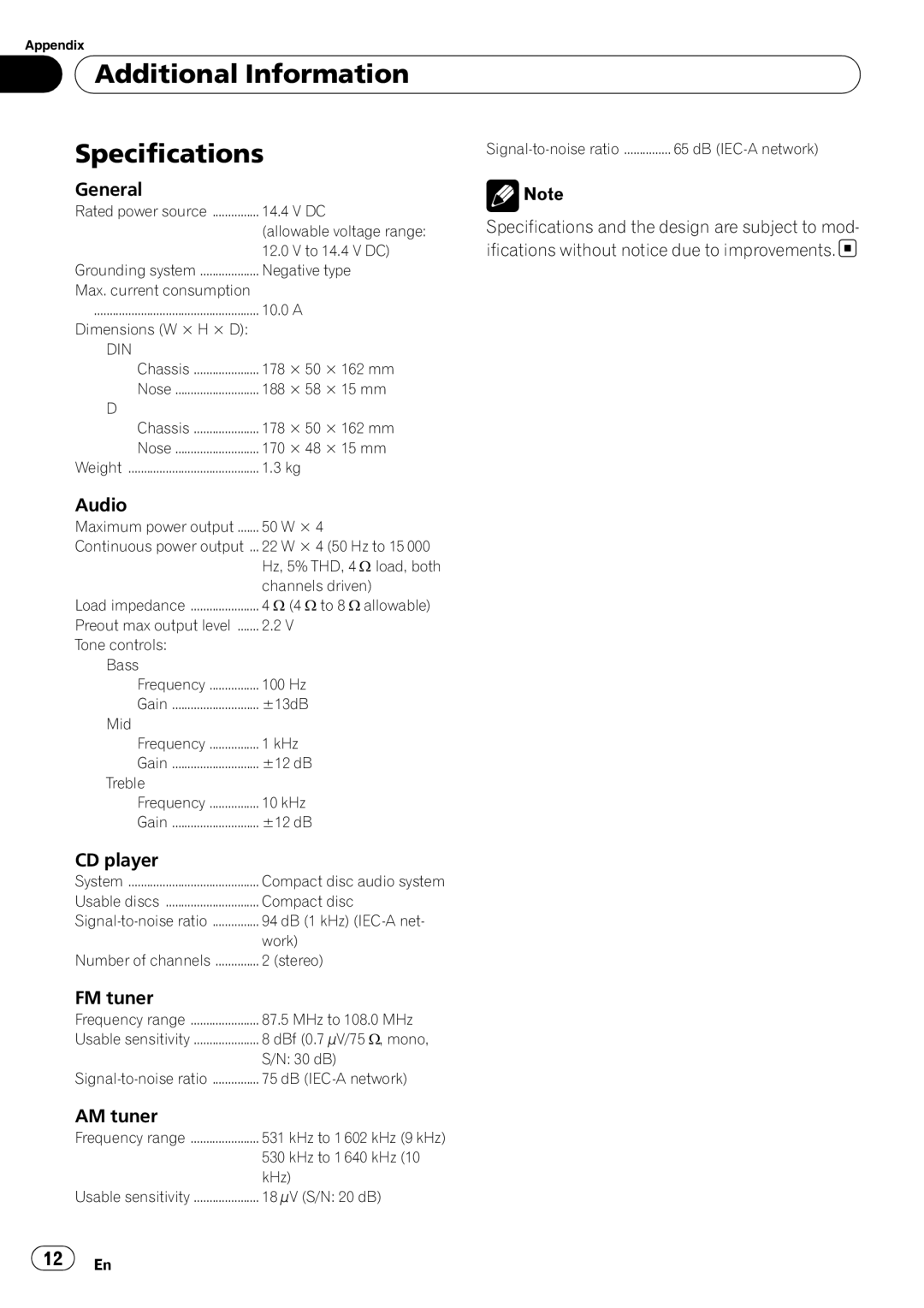 Pioneer DEH-1050E operation manual Additional Information Specifications 