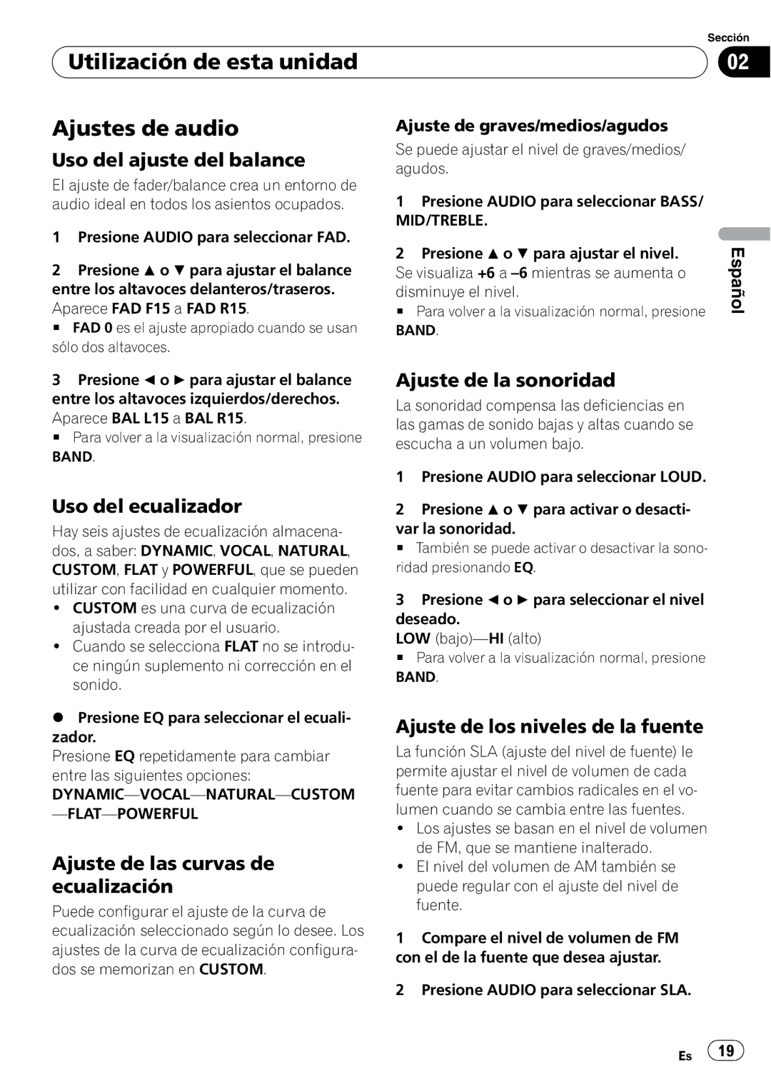 Pioneer DEH-1050E operation manual Utilización de esta unidad Ajustes de audio 