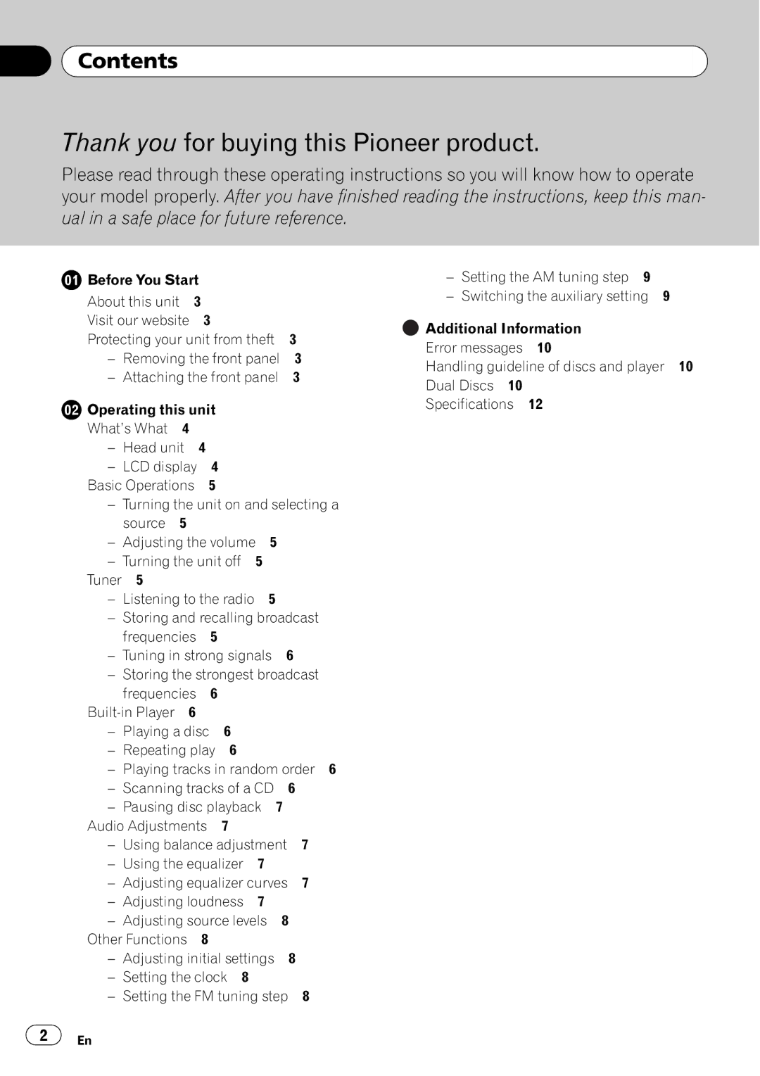 Pioneer DEH-1050E operation manual Contents, Before You Start About this unit, Using the equalizer 