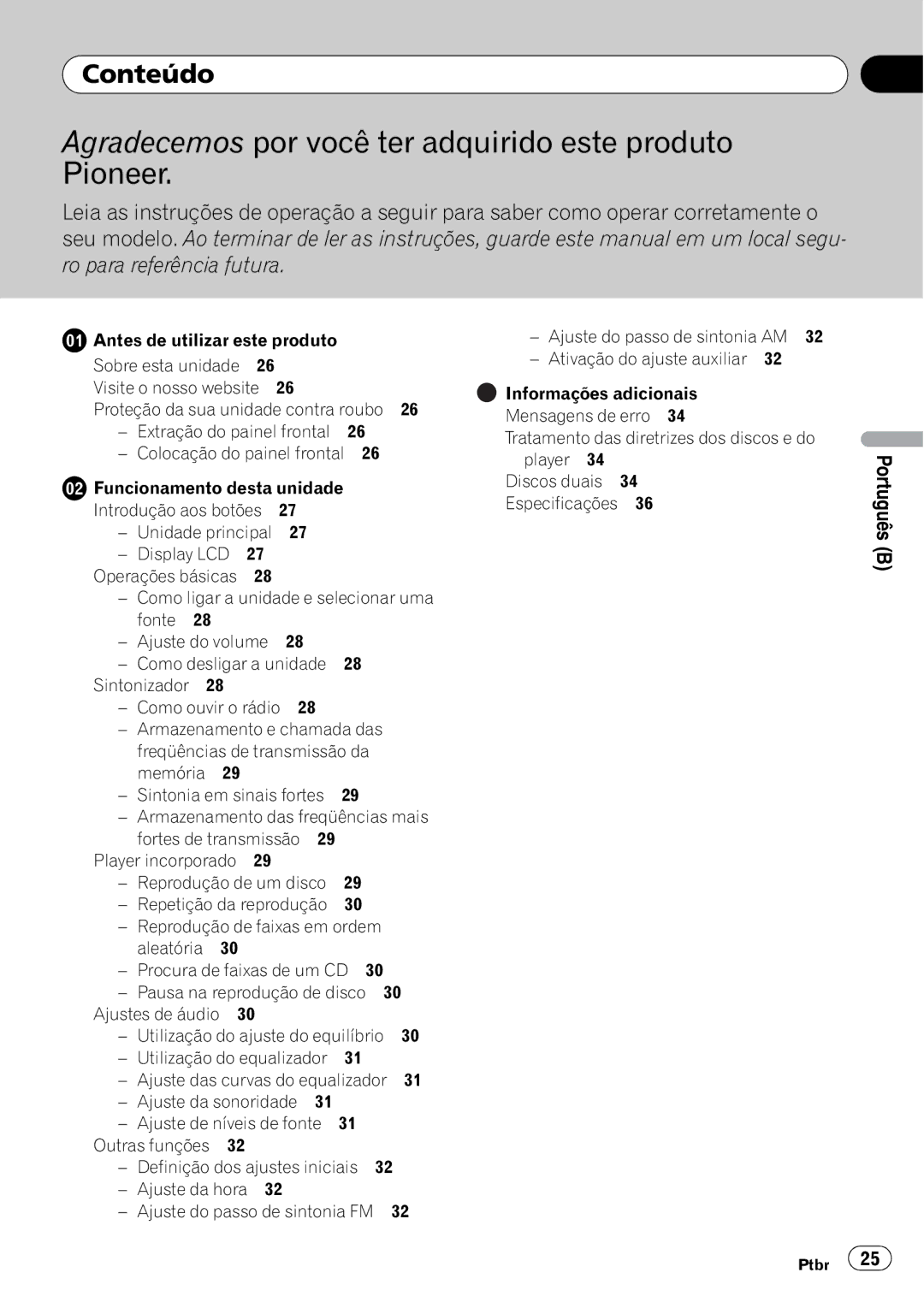 Pioneer DEH-1050E operation manual Conteúdo, Ativação do ajuste auxiliar 