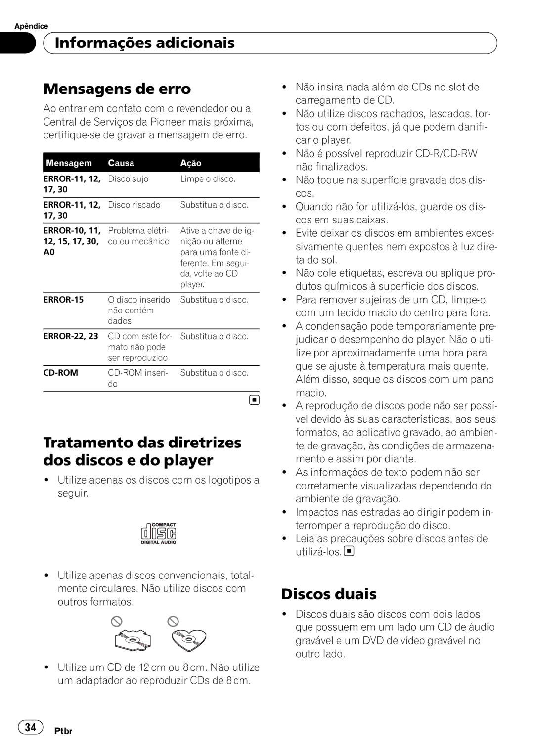 Pioneer DEH-1050E Informações adicionais Mensagens de erro, Tratamento das diretrizes, Dos discos e do player 