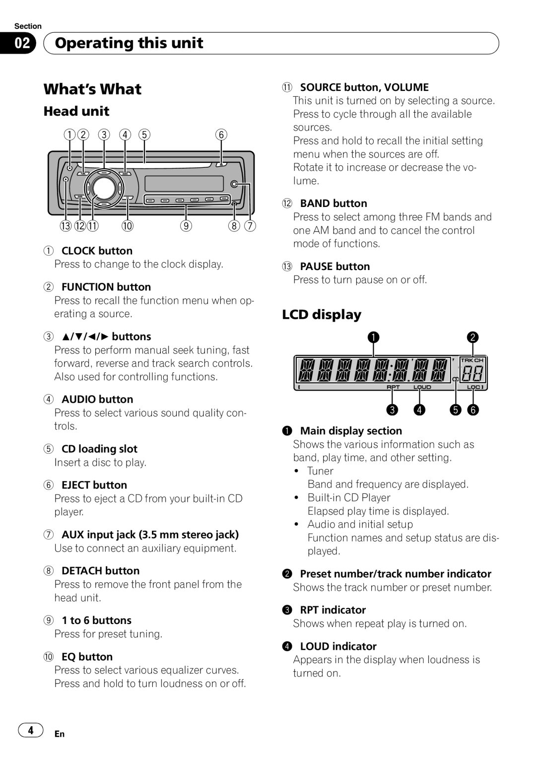 Pioneer DEH-1050E operation manual Operating this unit What ’s What, Head unit, LCD display 