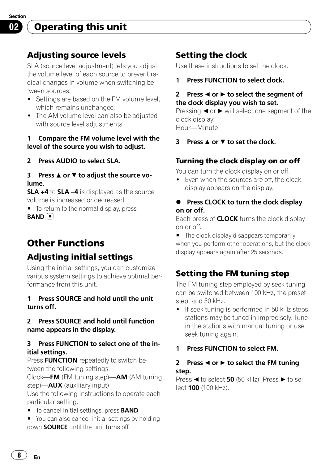 Pioneer DEH-1050E operation manual Other Functions, Adjusting source levels, Adjusting initial settings Setting the clock 