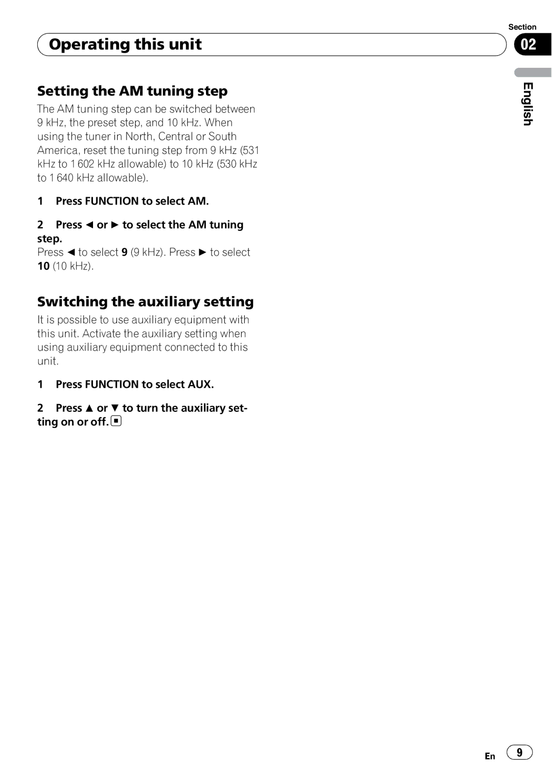 Pioneer DEH-1050E operation manual Setting the AM tuning step, Switching the auxiliary setting 