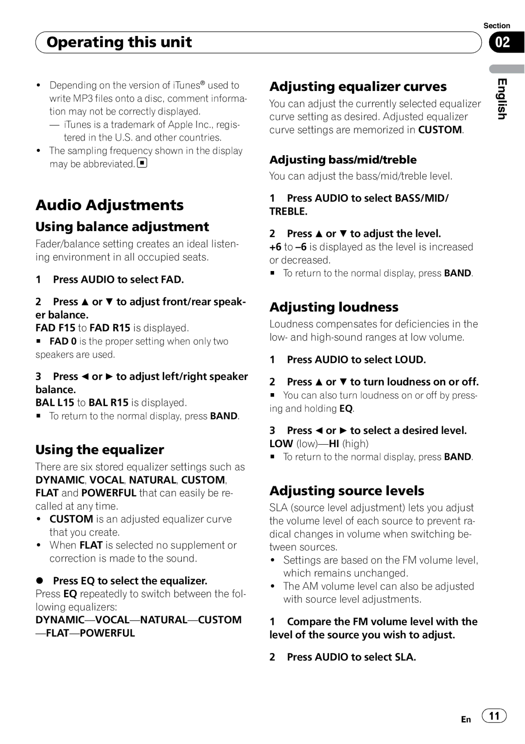 Pioneer DEH-10MP owner manual Audio Adjustments 