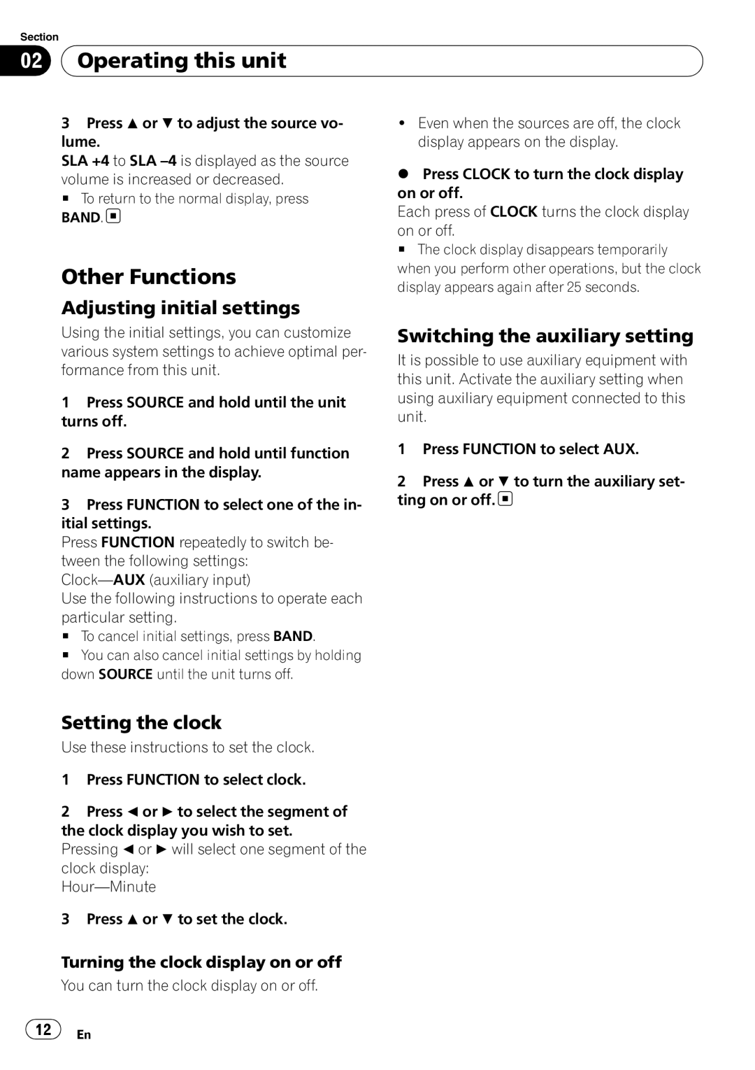 Pioneer DEH-10MP Other Functions, Adjusting initial settings, Switching the auxiliary setting, Setting the clock 