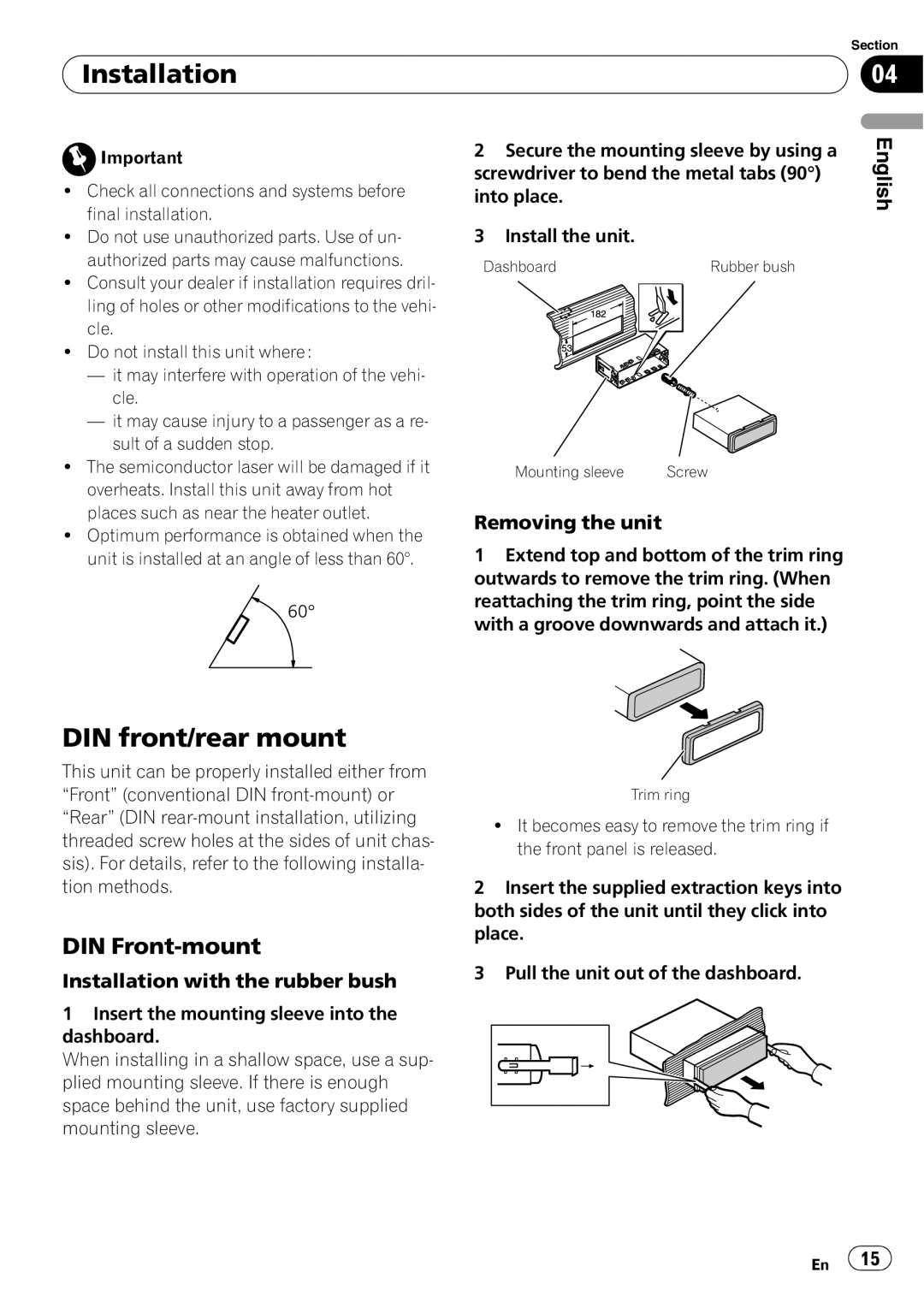 Pioneer DEH-10MP DIN front/rear mount, DIN Front-mount, Installation with the rubber bush, Removing the unit 