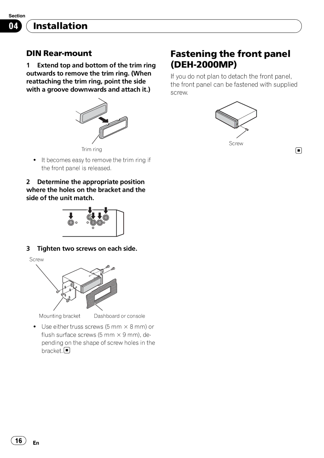 Pioneer DEH-10MP owner manual Fastening the front panel, DEH-2000MP, DIN Rear-mount, Extend top and bottom of the trim ring 