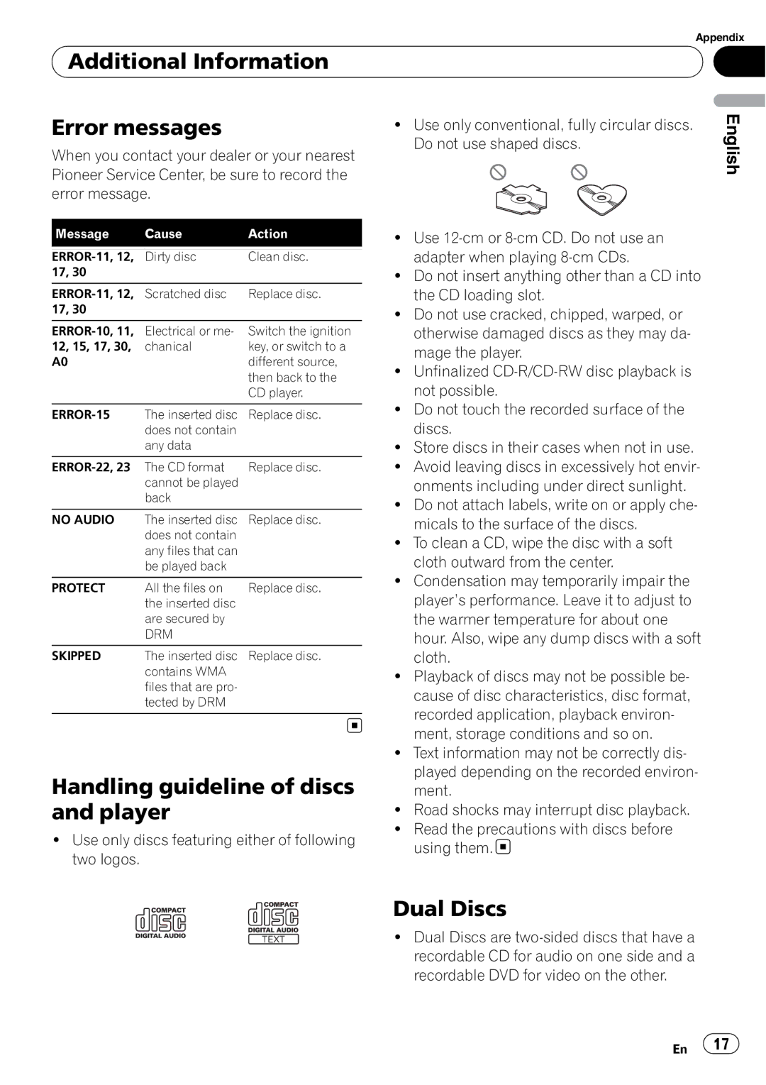 Pioneer DEH-10MP owner manual Additional Information Error messages, Handling guideline of discs and player, Dual Discs 