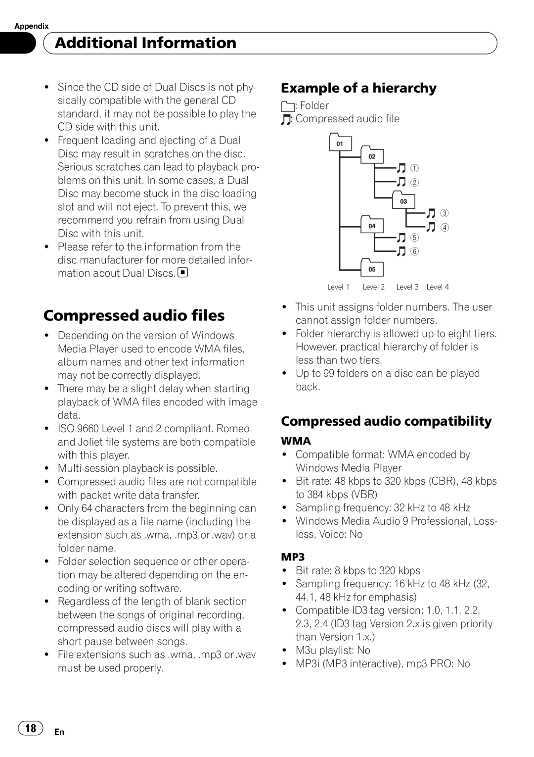 Pioneer DEH-10MP Additional Information, Compressed audio files, Example of a hierarchy, Compressed audio compatibility 