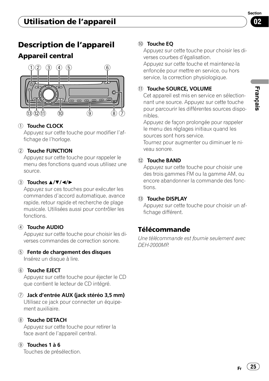 Pioneer DEH-10MP owner manual Utilisation de l’appareil Description de l’appareil, Appareil central, Télécommande 