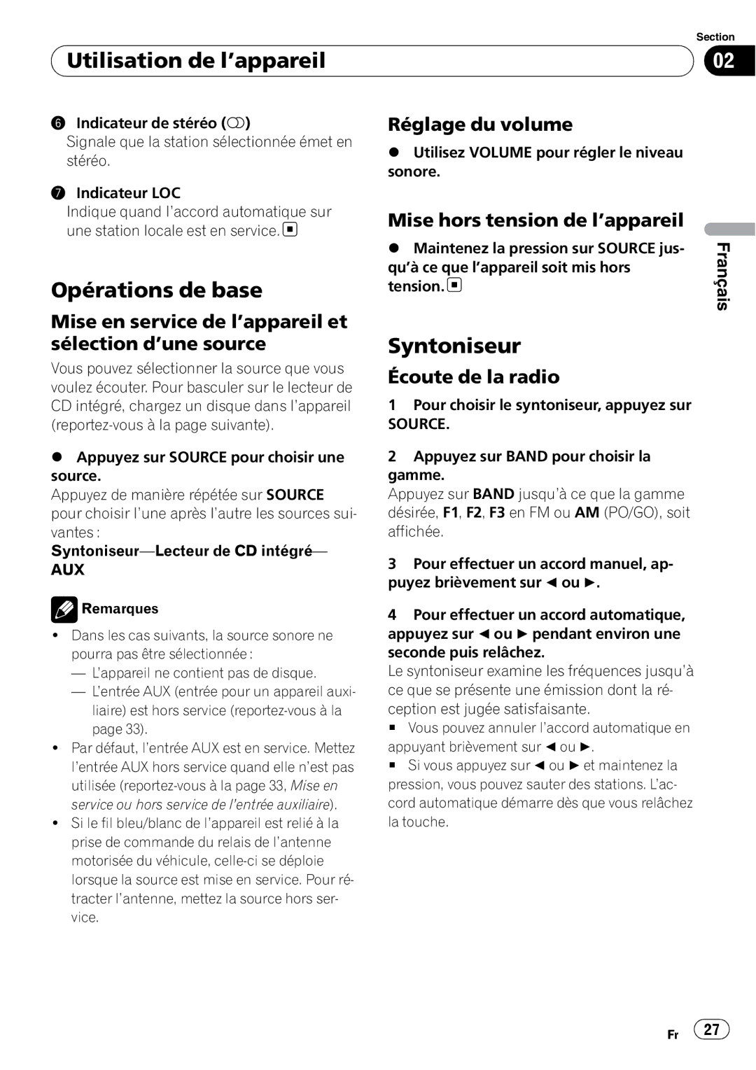 Pioneer DEH-10MP owner manual Opérations de base, Syntoniseur 