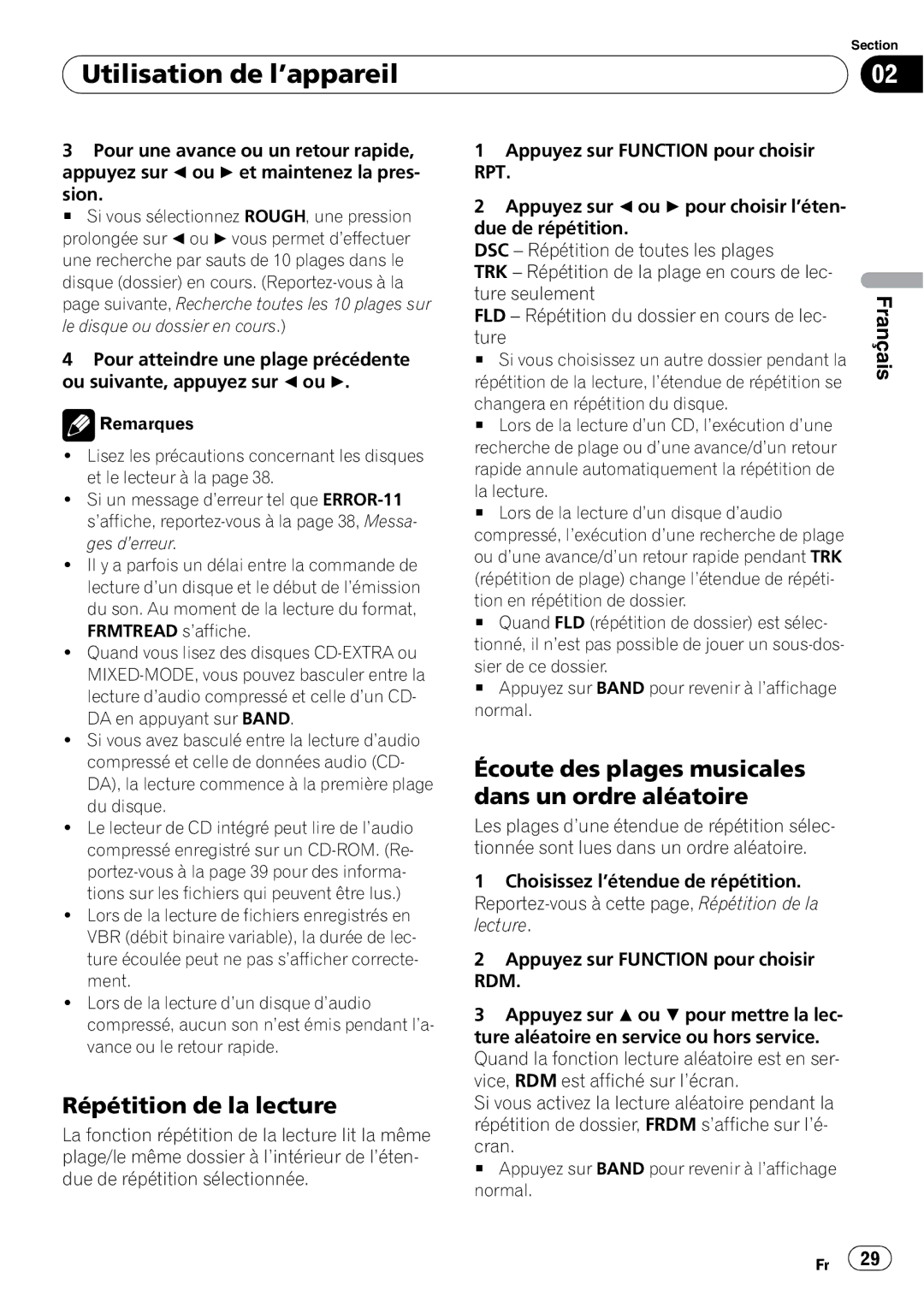 Pioneer DEH-10MP owner manual Répétition de la lecture, Écoute des plages musicales dans un ordre aléatoire, La lecture 