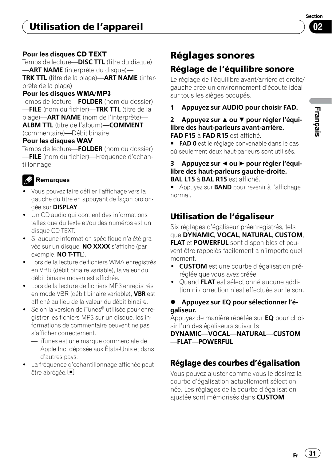 Pioneer DEH-10MP owner manual Réglages sonores, Réglage de l’équilibre sonore, Utilisation de l’égaliseur 