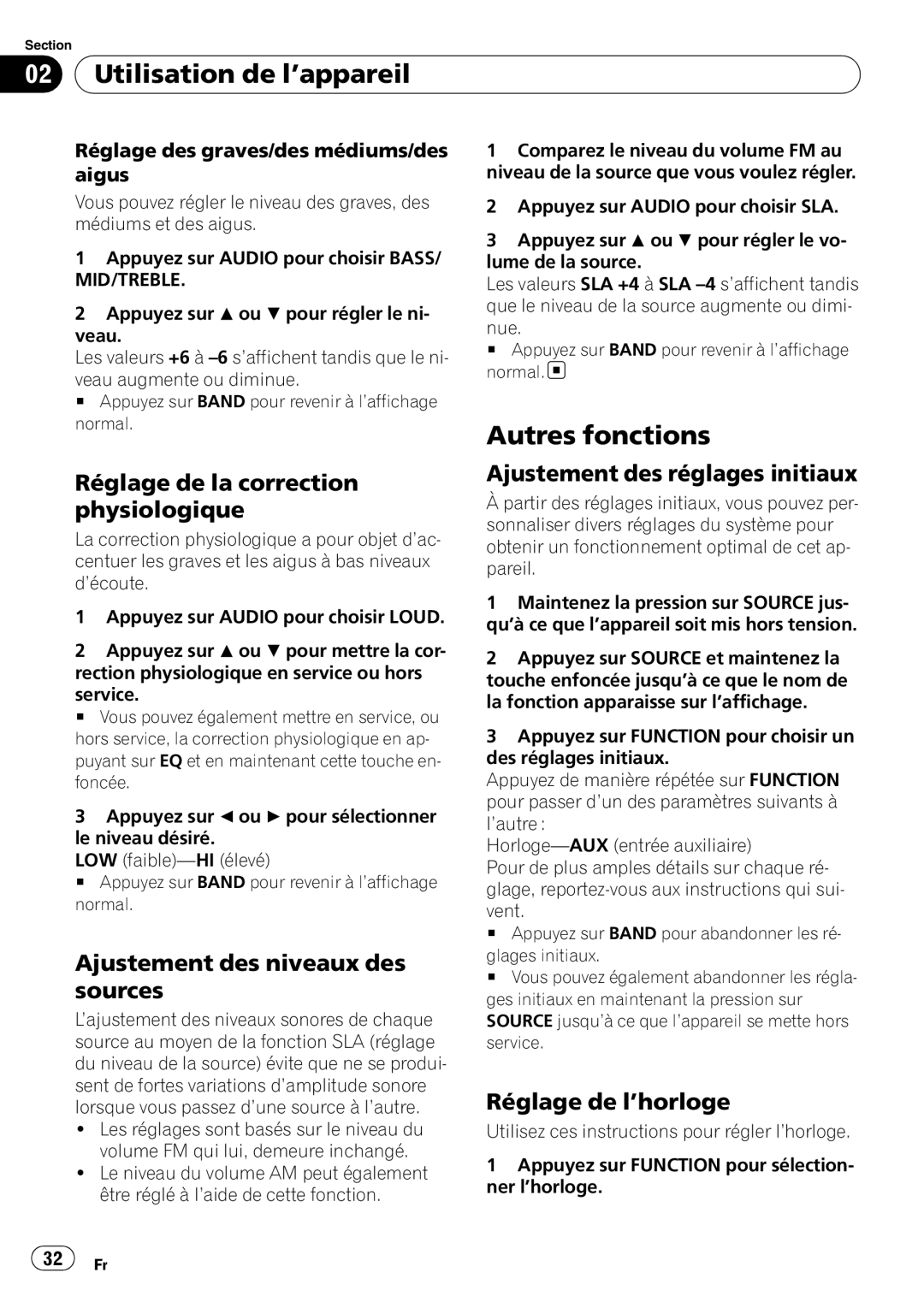 Pioneer DEH-10MP owner manual Autres fonctions, Réglage de la correction physiologique, Ajustement des réglages initiaux 