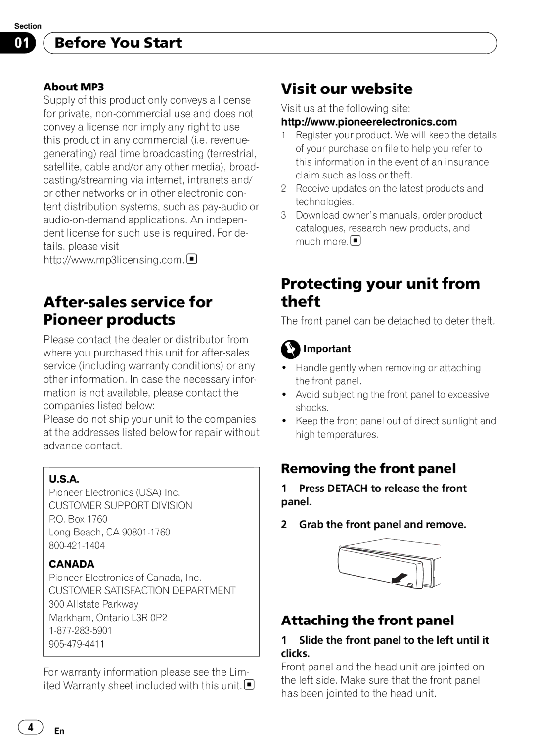 Pioneer DEH-10MP owner manual Before You Start, Visit our website, After-sales service for Pioneer products 