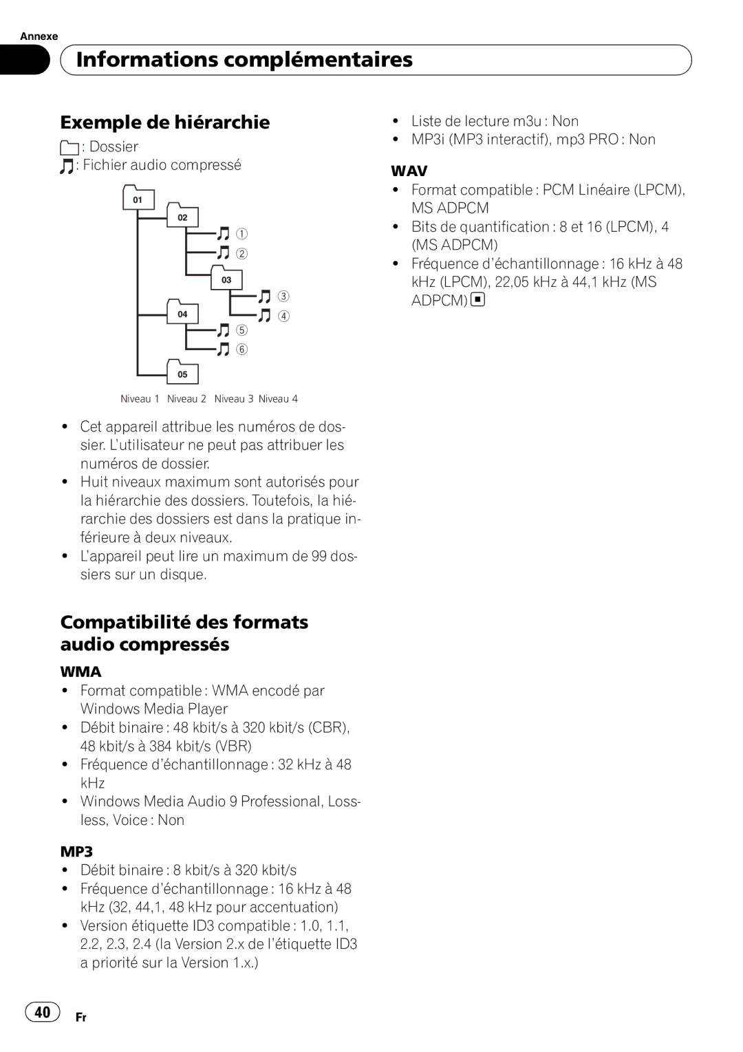 Pioneer DEH-10MP Exemple de hiérarchie, Compatibilité des formats audio compressés, Dossier Fichier audio compressé 