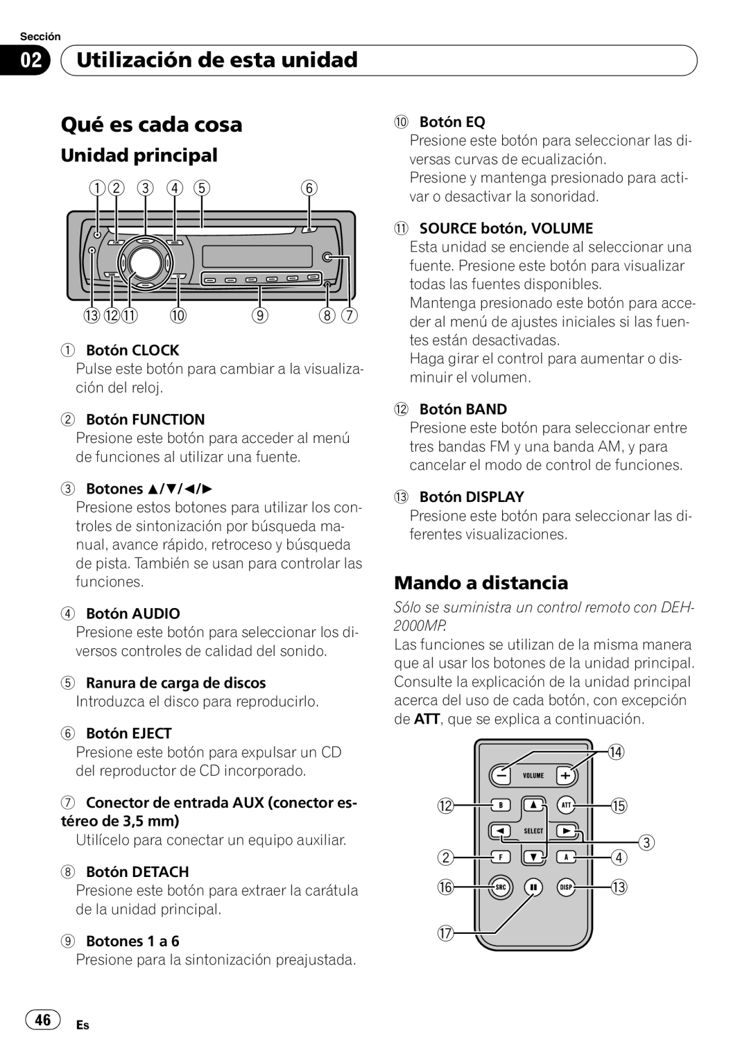 Pioneer DEH-10MP owner manual Utilización de esta unidad Qué es cada cosa, Unidad principal, Mando a distancia 