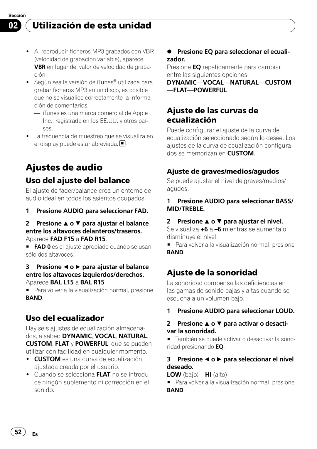 Pioneer DEH-10MP Ajustes de audio, Ajuste de las curvas de ecualización, Uso del ajuste del balance, Uso del ecualizador 