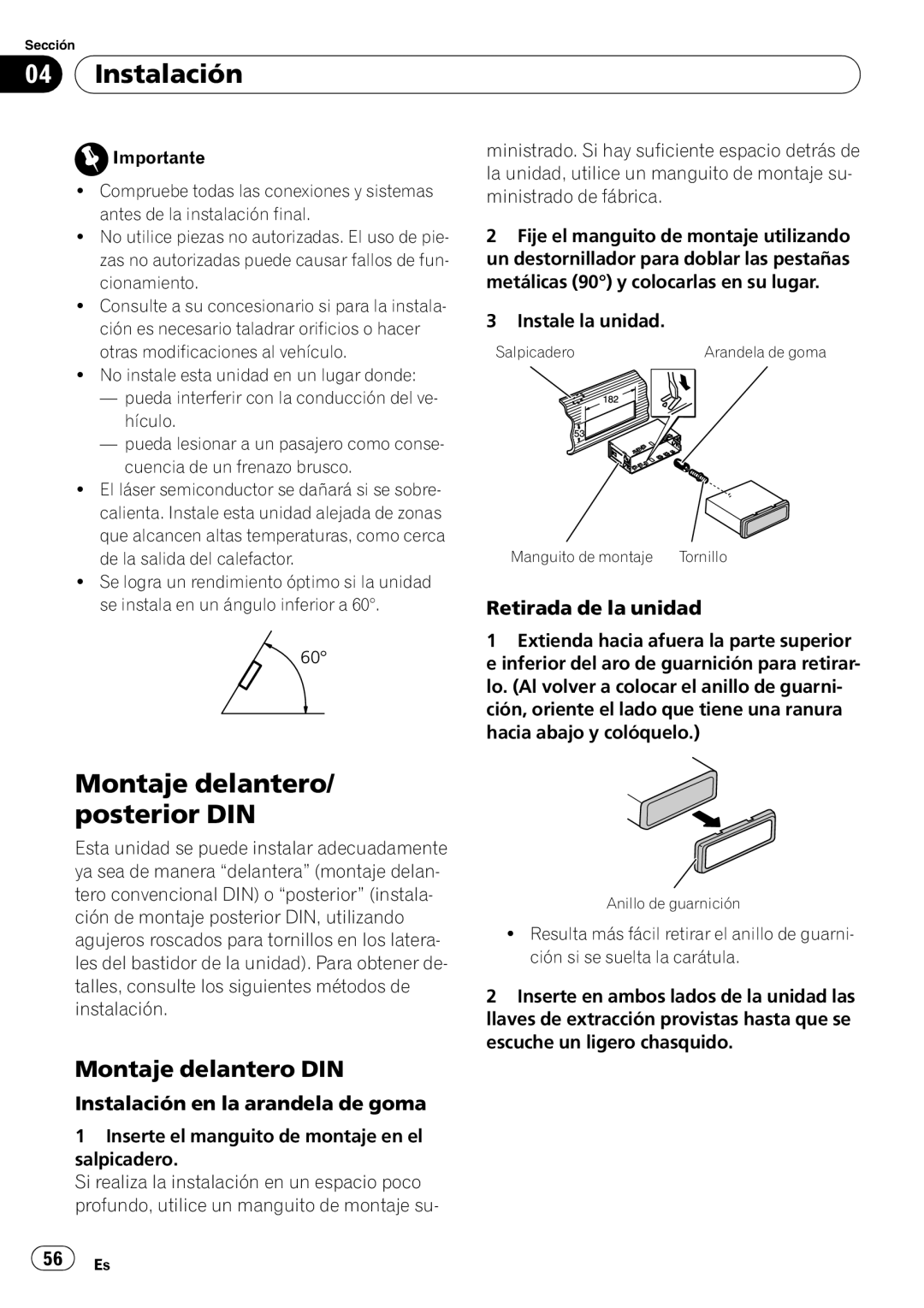 Pioneer DEH-10MP owner manual Instalación, Montaje delantero/ posterior DIN, Montaje delantero DIN, Retirada de la unidad 