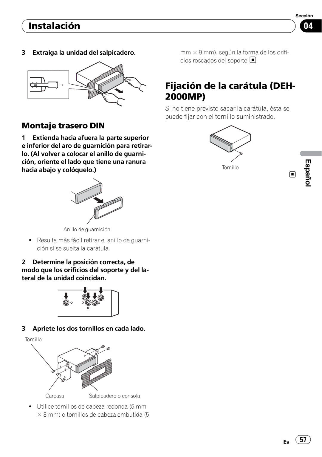 Pioneer DEH-10MP owner manual Fijación de la carátula DEH- 2000MP, Montaje trasero DIN 