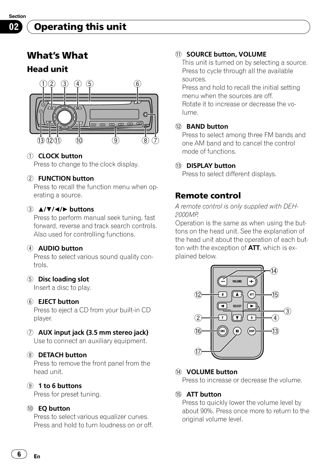 Pioneer DEH-10MP owner manual Operating this unit What’s What, Head unit, Remote control 