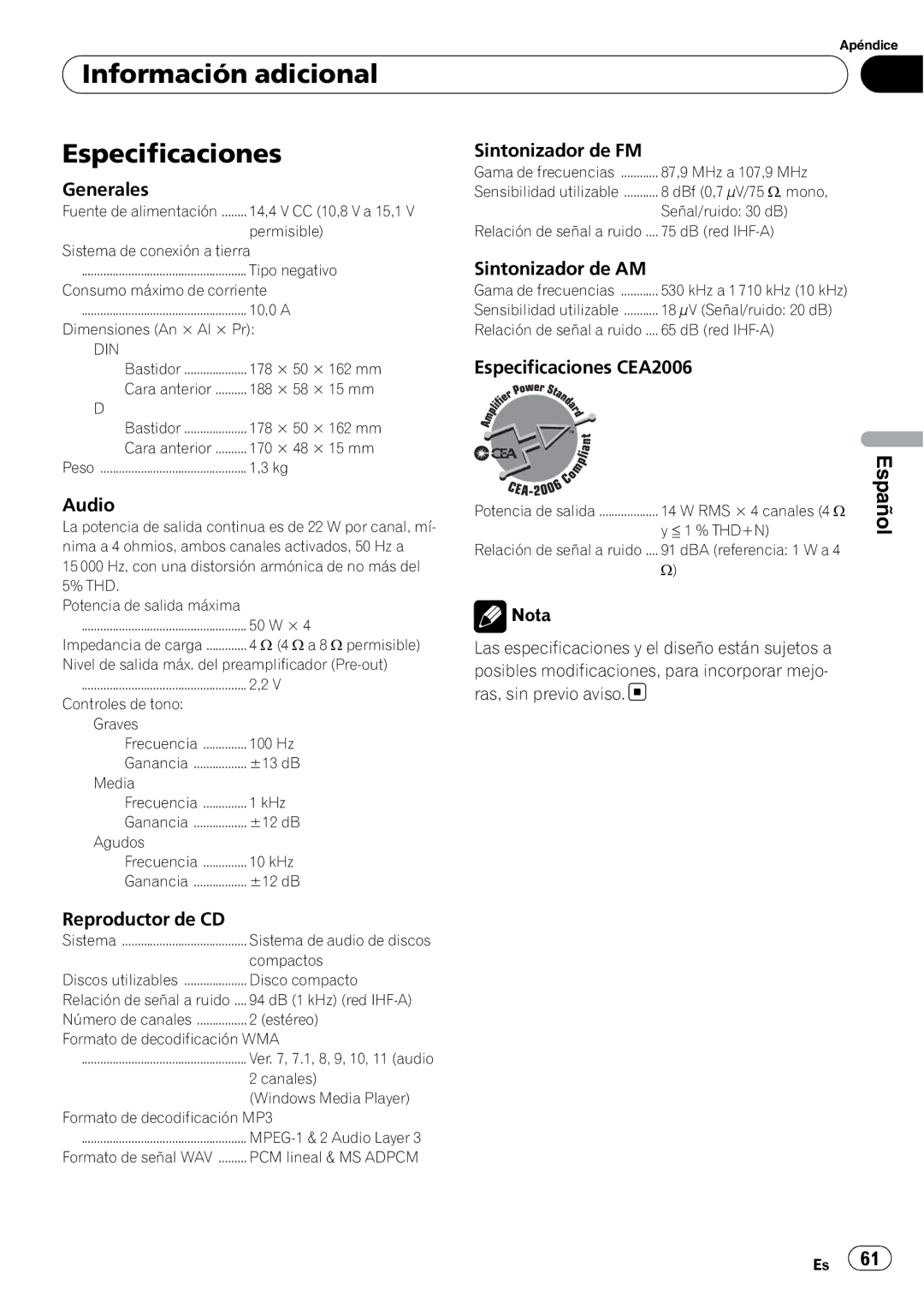 Pioneer DEH-10MP owner manual Información adicional Especificaciones, Sintonizador de FM Generales, Sintonizador de AM 