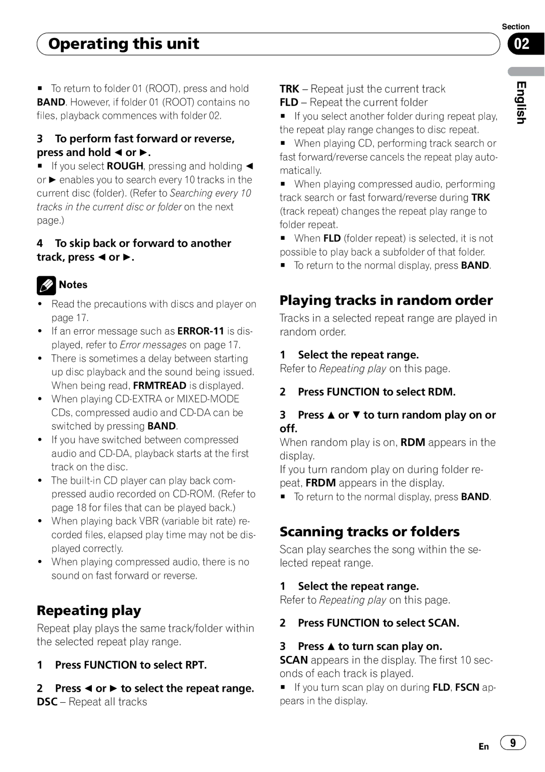 Pioneer DEH-10MP owner manual Repeating play, Playing tracks in random order, Scanning tracks or folders 