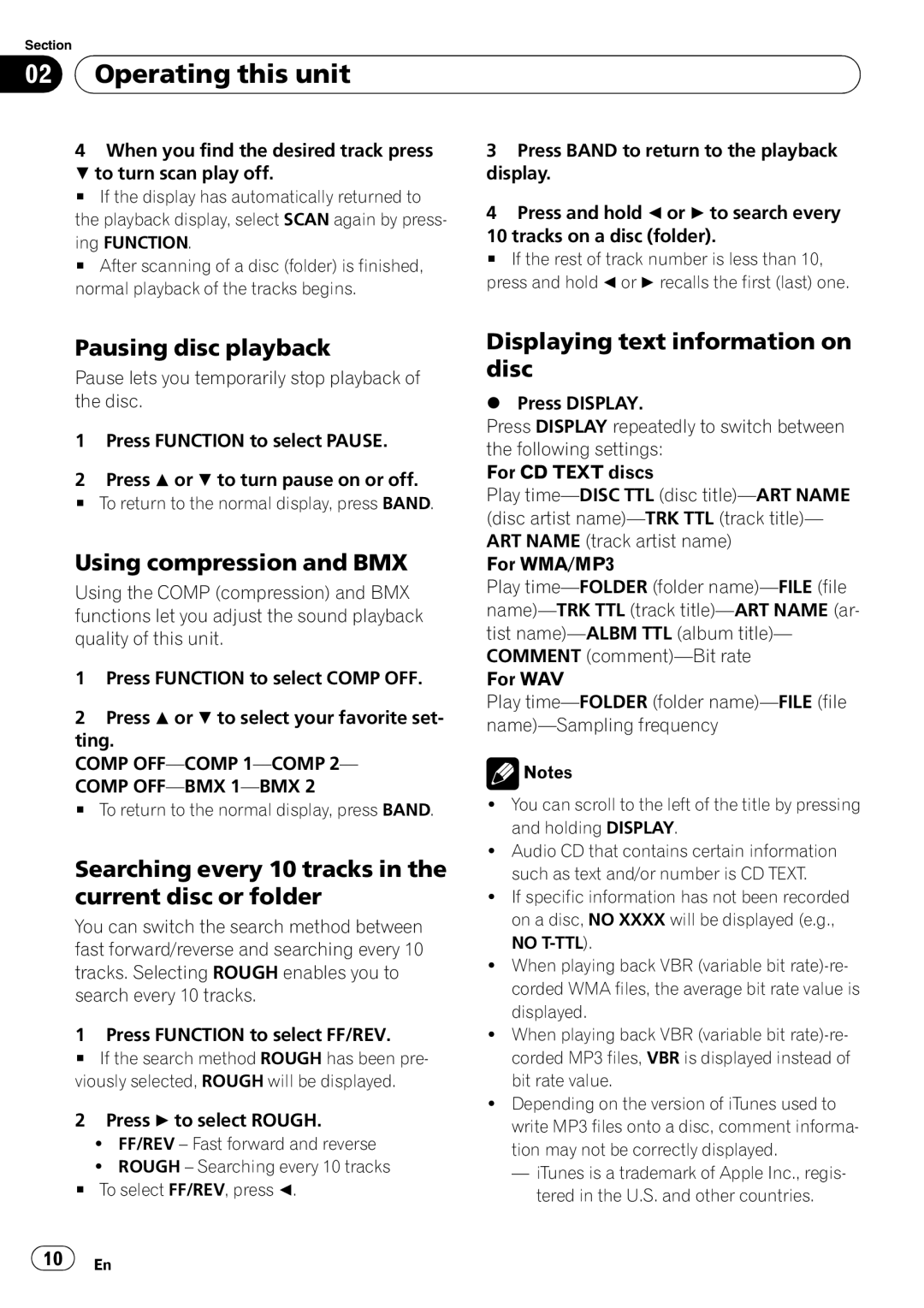 Pioneer DEH-1100MP owner manual Pausing disc playback, Using compression and BMX, Displaying text information on disc 