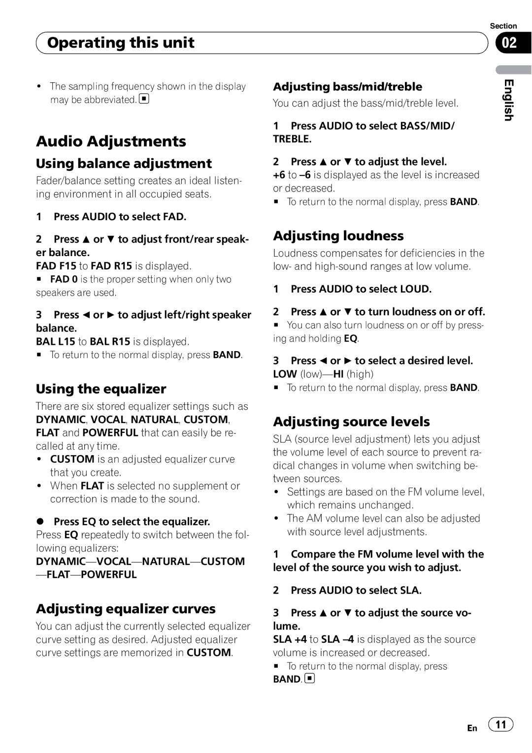 Pioneer DEH-1100MP owner manual Audio Adjustments 