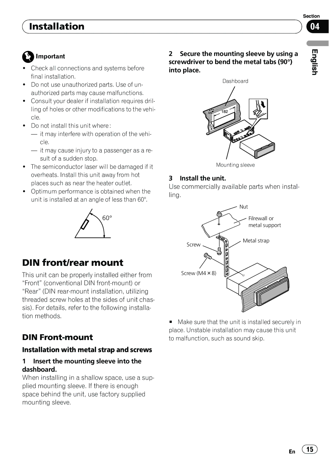 Pioneer DEH-1100MP owner manual DIN front/rear mount, DIN Front-mount, Installation with metal strap and screws 