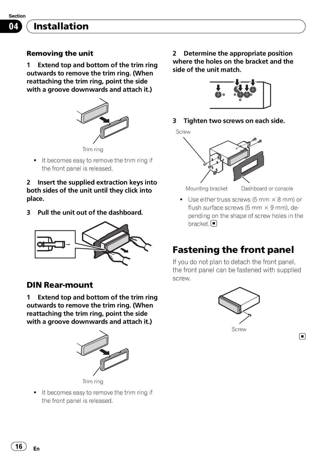 Pioneer DEH-1100MP owner manual Fastening the front panel, DIN Rear-mount, Removing the unit 