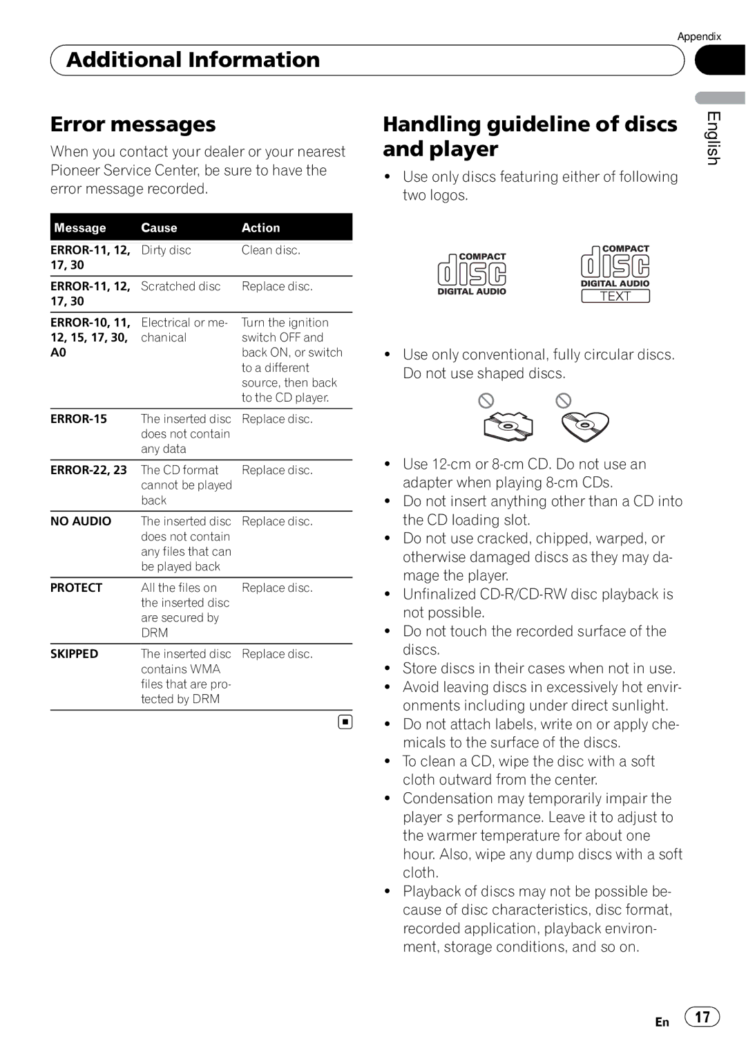 Pioneer DEH-1100MP owner manual Additional Information Error messages, Handling guideline of discs and player 