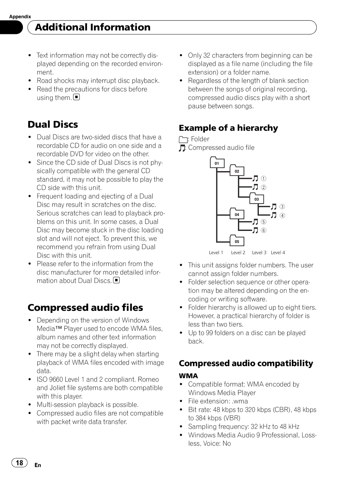 Pioneer DEH-1100MP owner manual Additional Information, Dual Discs, Compressed audio files, Example of a hierarchy 