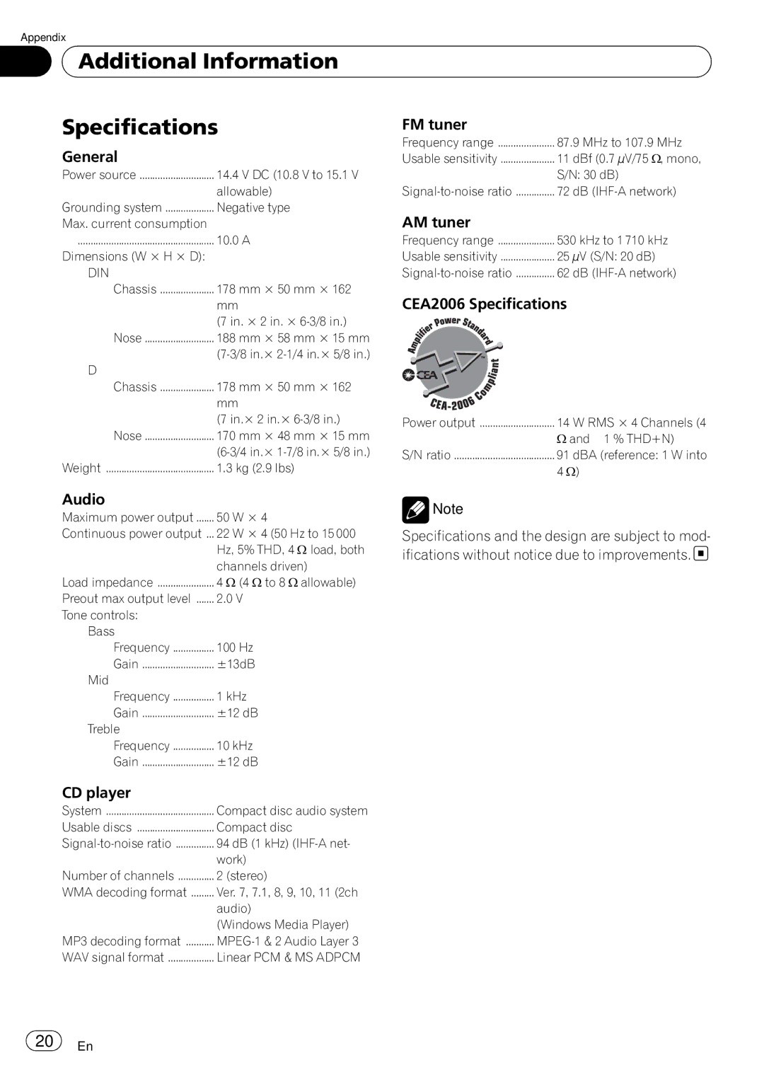 Pioneer DEH-1100MP owner manual Additional Information Specifications 