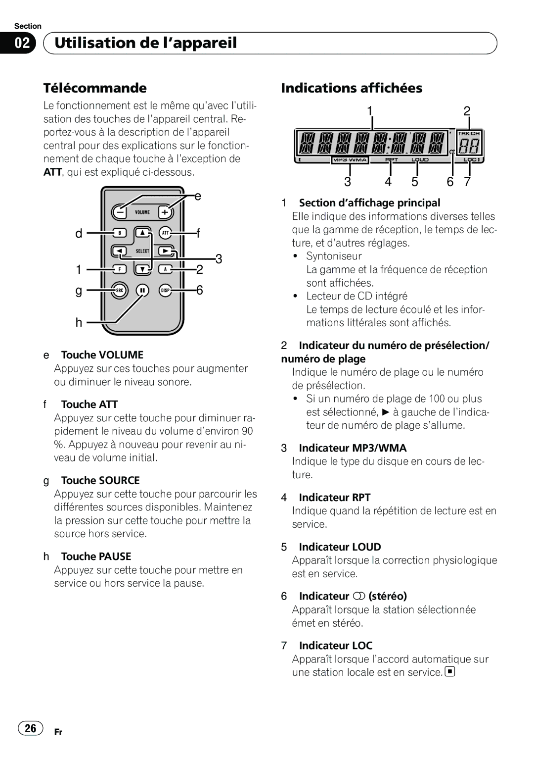 Pioneer DEH-1100MP owner manual Utilisation de l’appareil, Télécommande, Indications affichées 