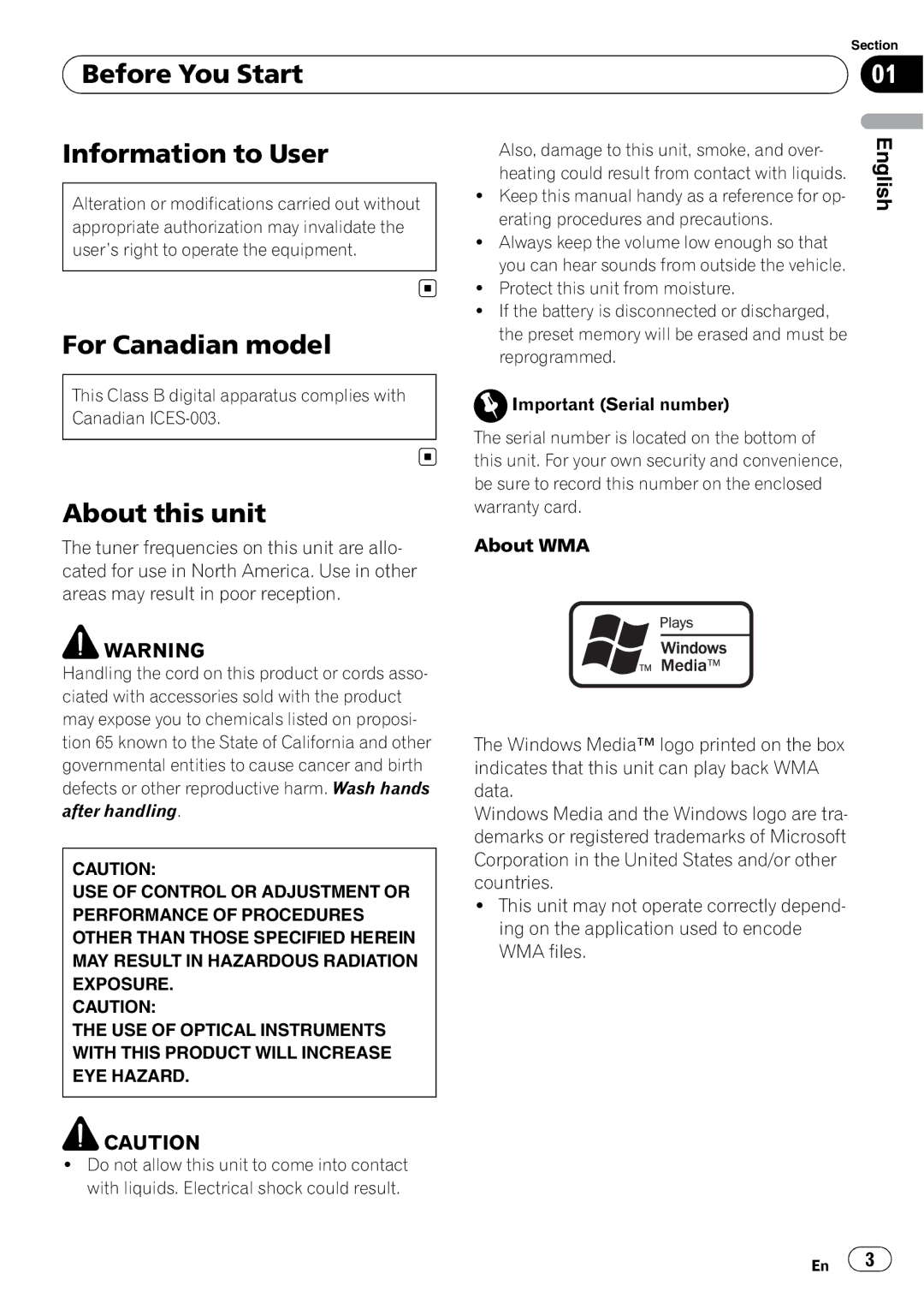 Pioneer DEH-1100MP owner manual Before You Start Information to User, For Canadian model, About this unit 