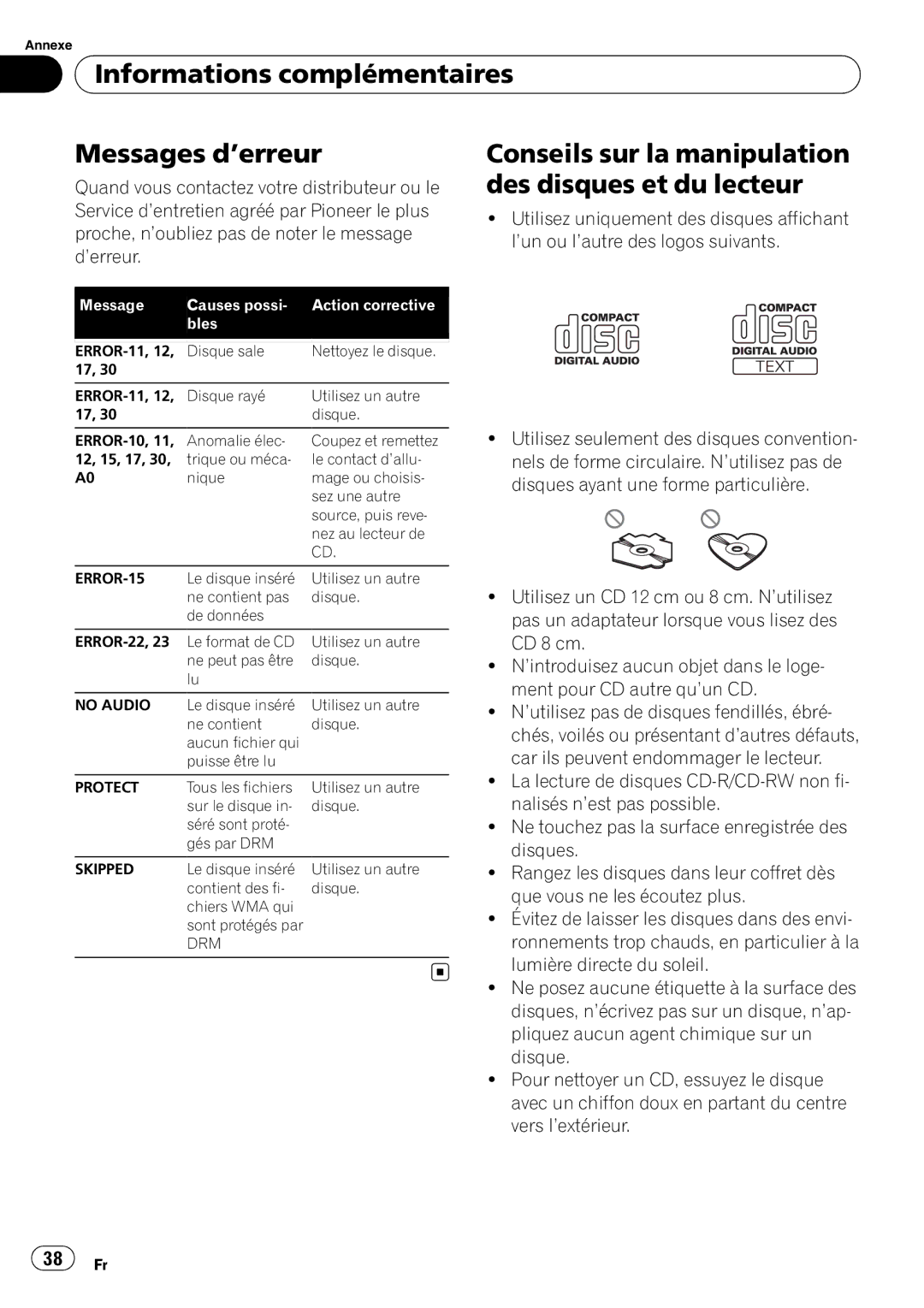 Pioneer DEH-1100MP Informations complémentaires Messages d’erreur, Conseils sur la manipulation des disques et du lecteur 