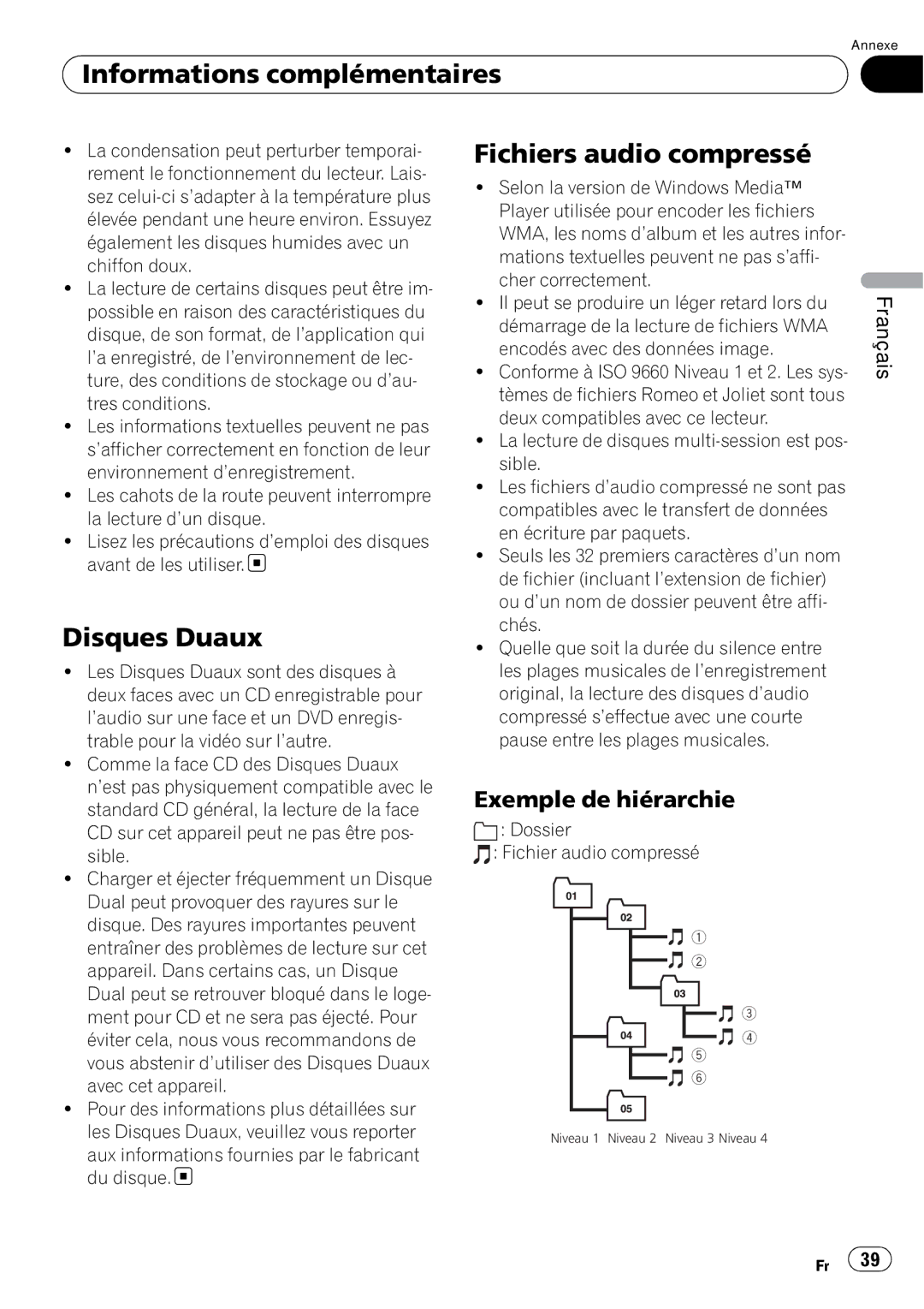 Pioneer DEH-1100MP Informations complémentaires, Disques Duaux, Fichiers audio compressé, Exemple de hiérarchie 