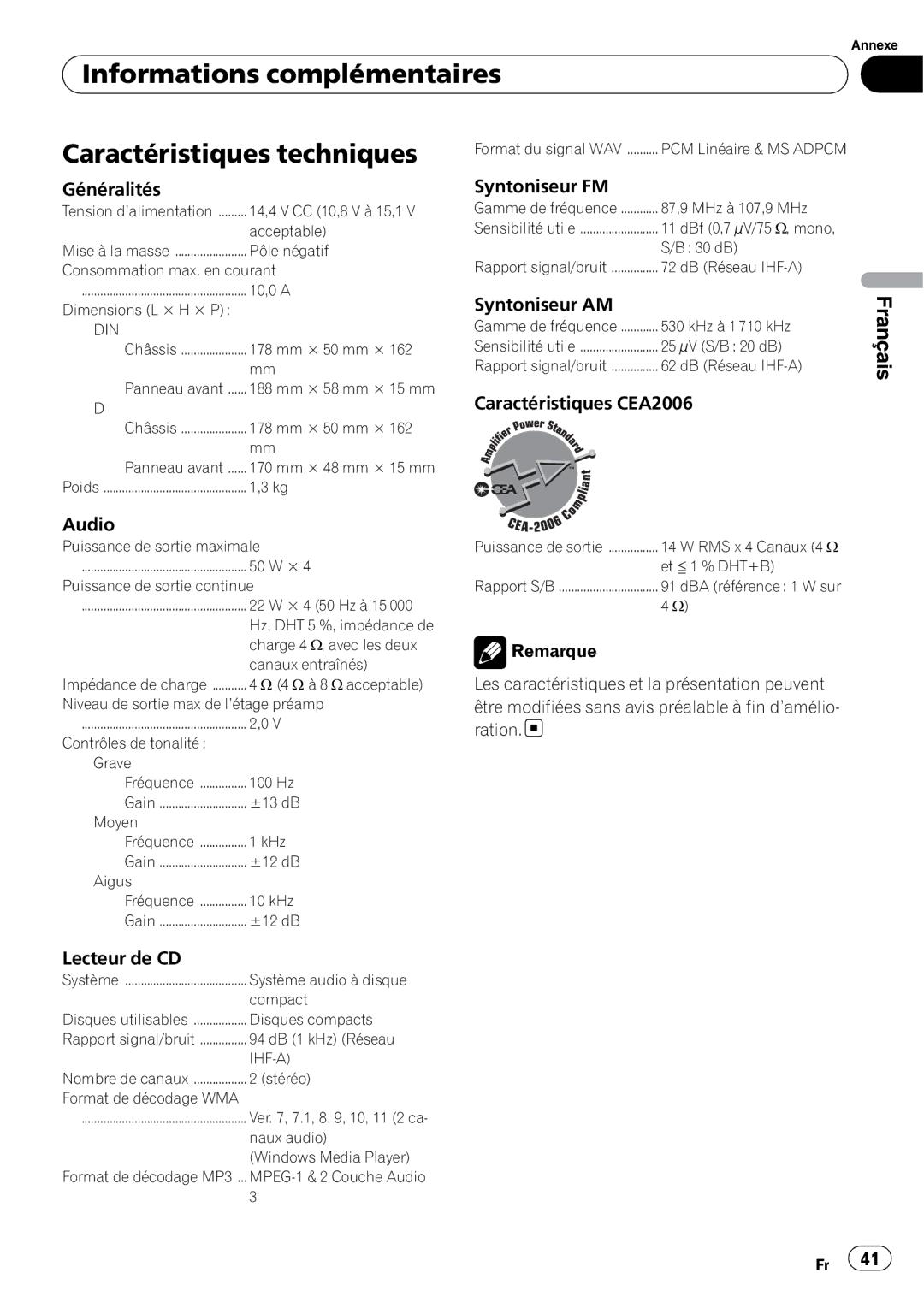 Pioneer DEH-1100MP owner manual Informations complémentaires Caractéristiques techniques 