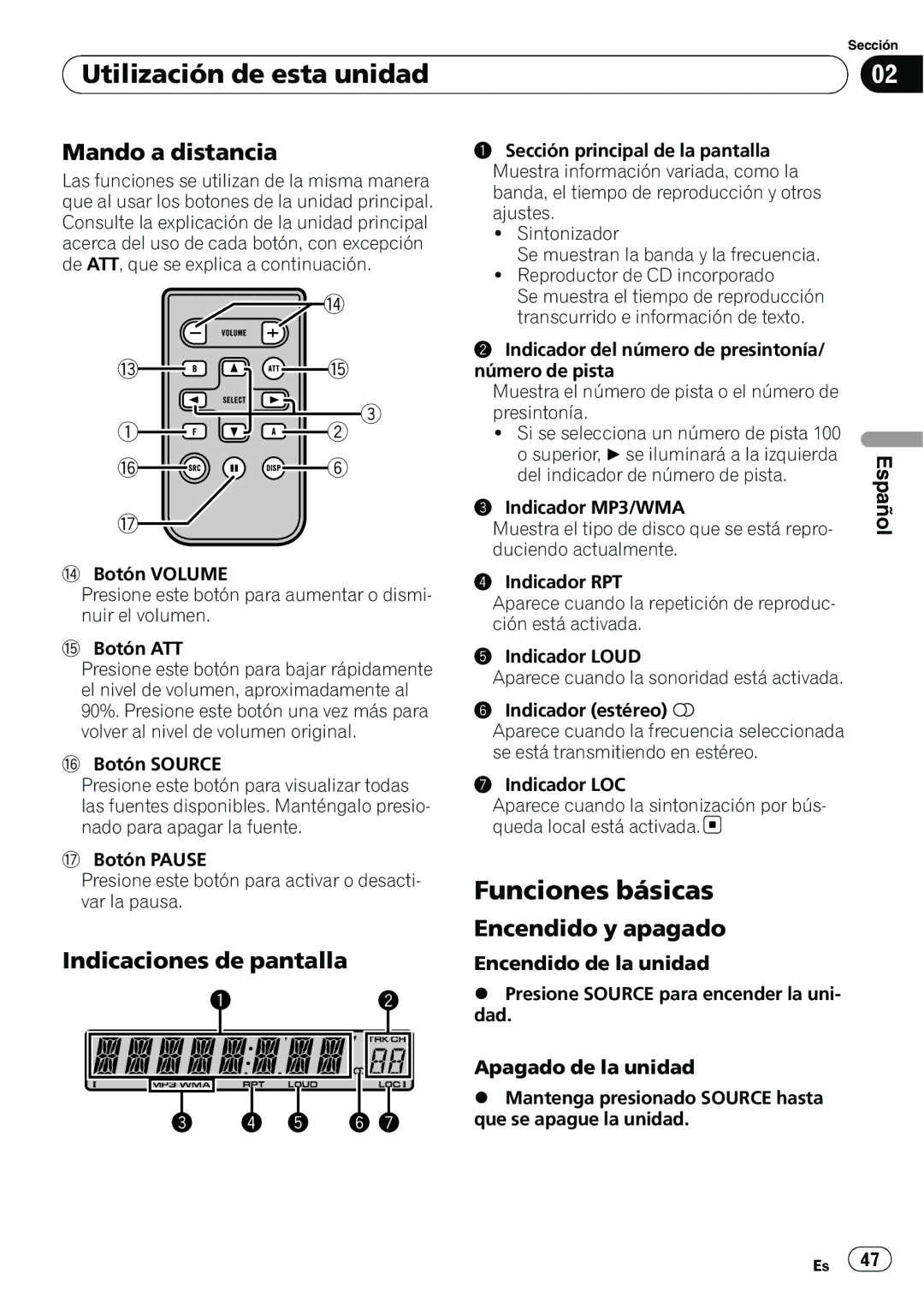 Pioneer DEH-1100MP owner manual Utilización de esta unidad, Funciones básicas, Mando a distancia 