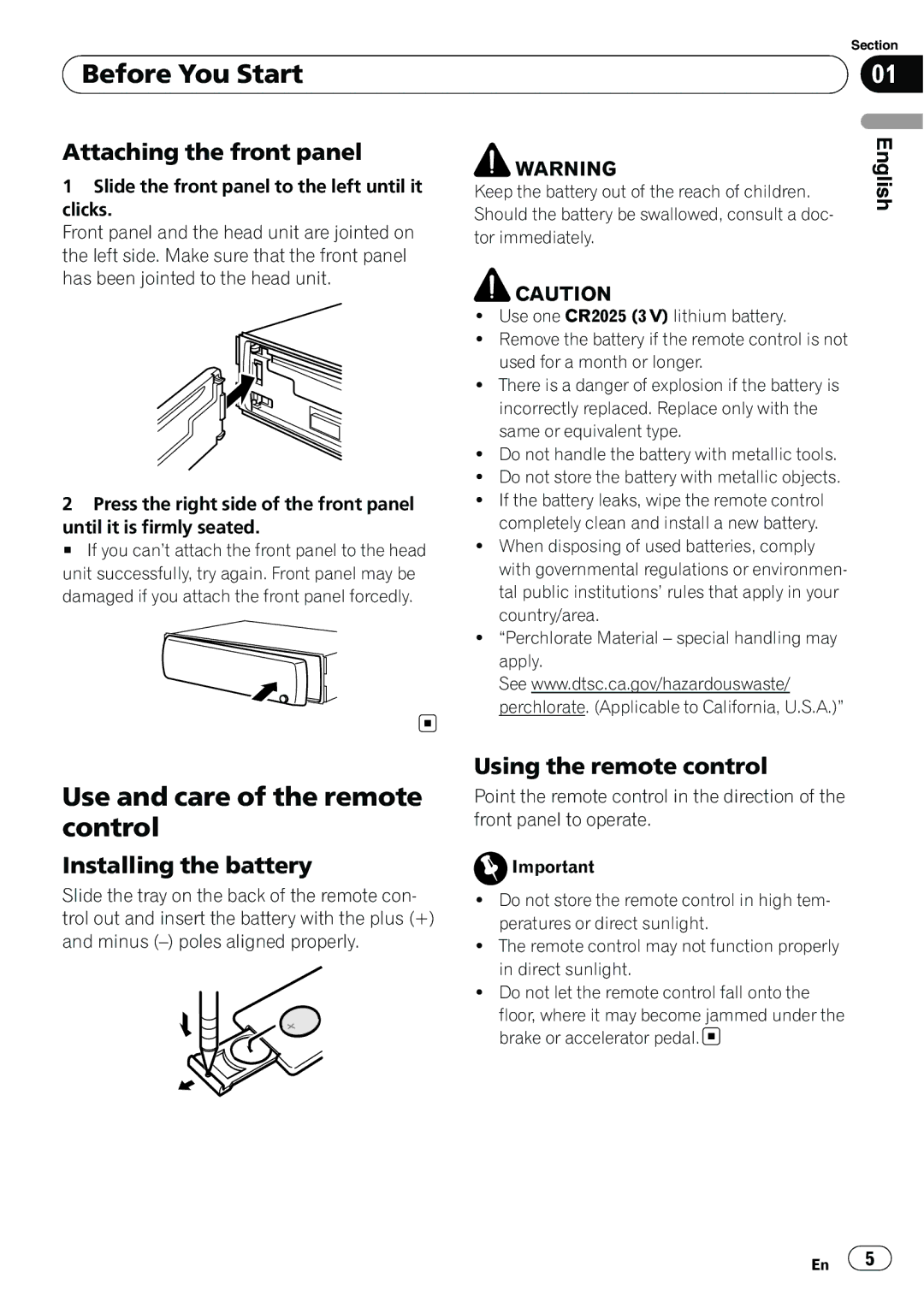 Pioneer DEH-1100MP owner manual Use and care of the remote control, Attaching the front panel, Installing the battery 