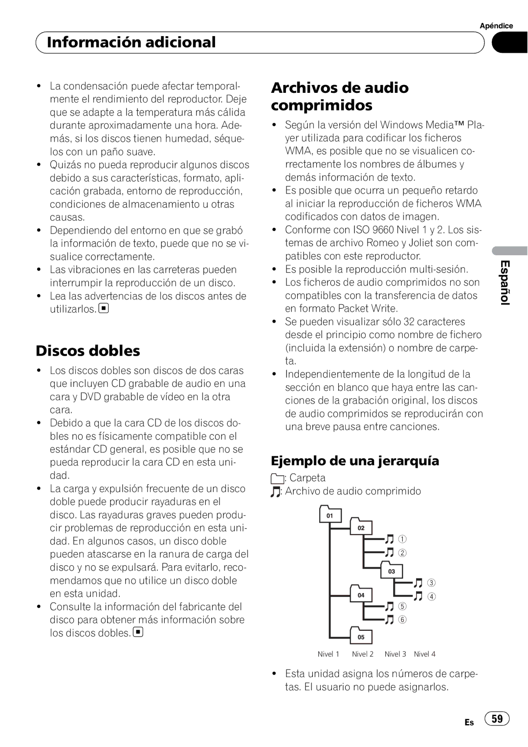 Pioneer DEH-1100MP Información adicional, Archivos de audio, Comprimidos, Discos dobles, Ejemplo de una jerarquía 