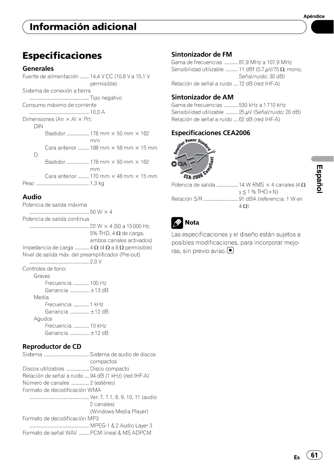 Pioneer DEH-1100MP owner manual Información adicional Especificaciones, Sintonizador de FM Generales, Sintonizador de AM 