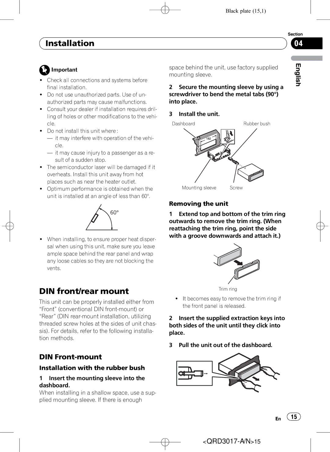 Pioneer DEH-1150MPG owner manual Installation, DIN front/rear mount, DIN Front-mount, Removing the unit 