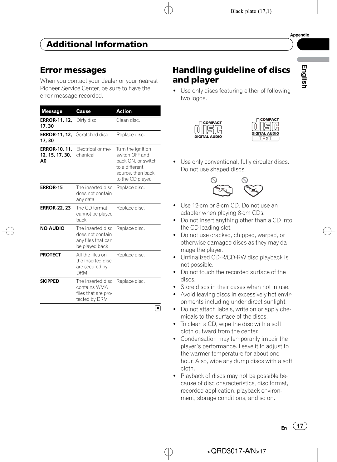 Pioneer DEH-1150MPG owner manual Additional Information Error messages, Handling guideline of discs and player 